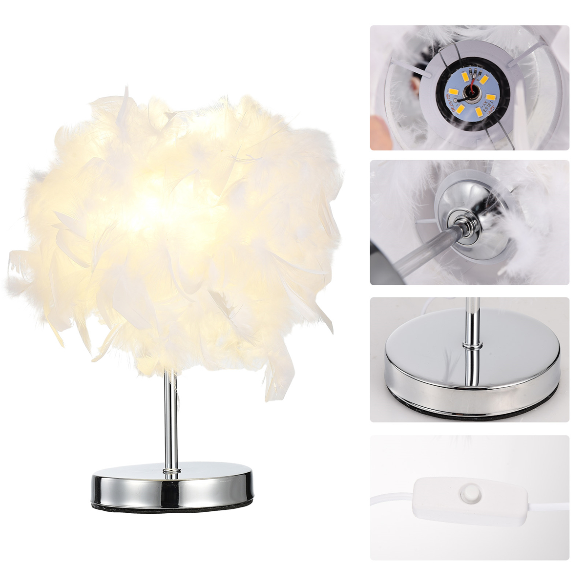 Weiße Feder-Tischlampe mit Details von Basis, Glühbirne und Schalter.