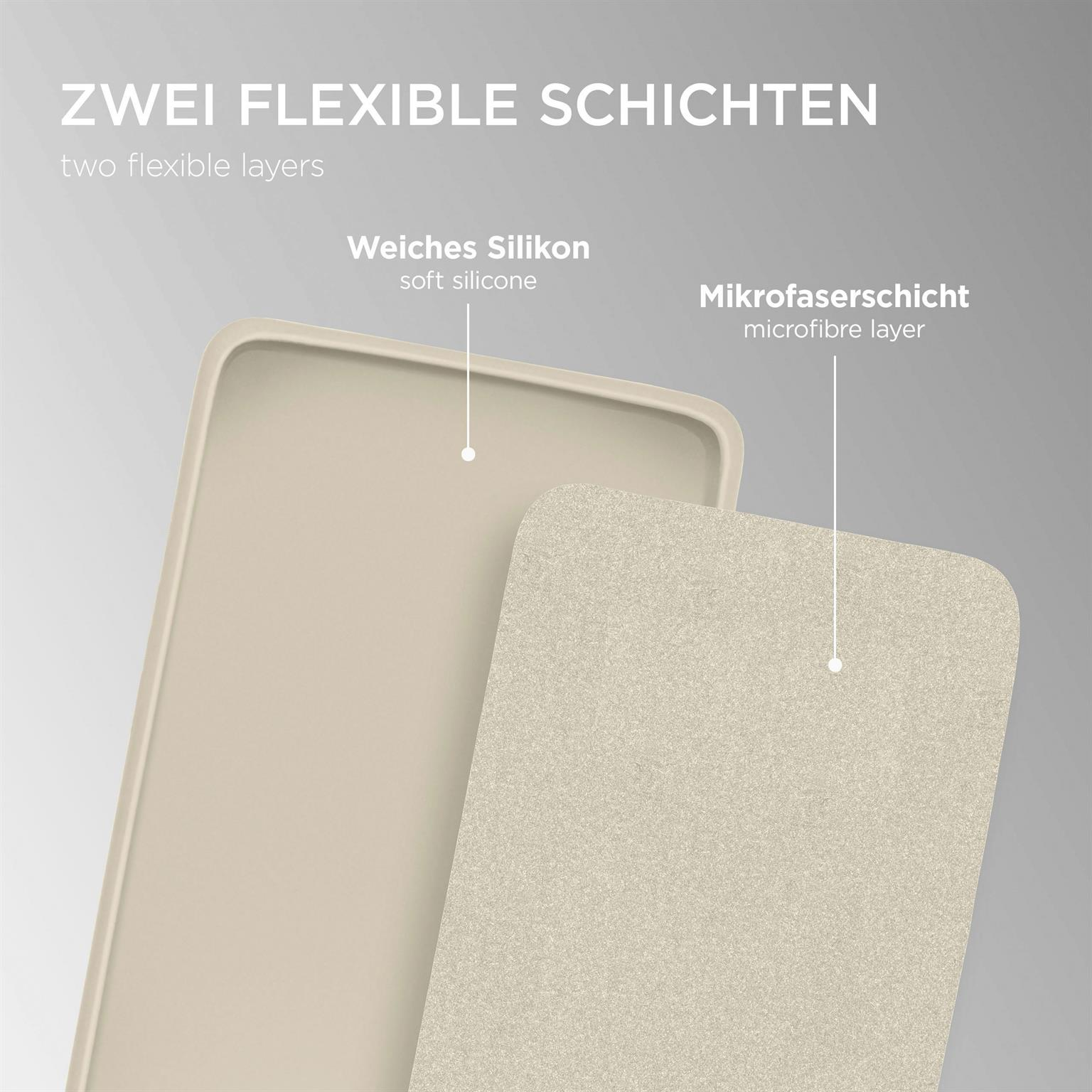 Zwei Schichten einer beigen Handyhülle. Eine ist aus weichem Silikon, die andere aus Mikrofaser.
