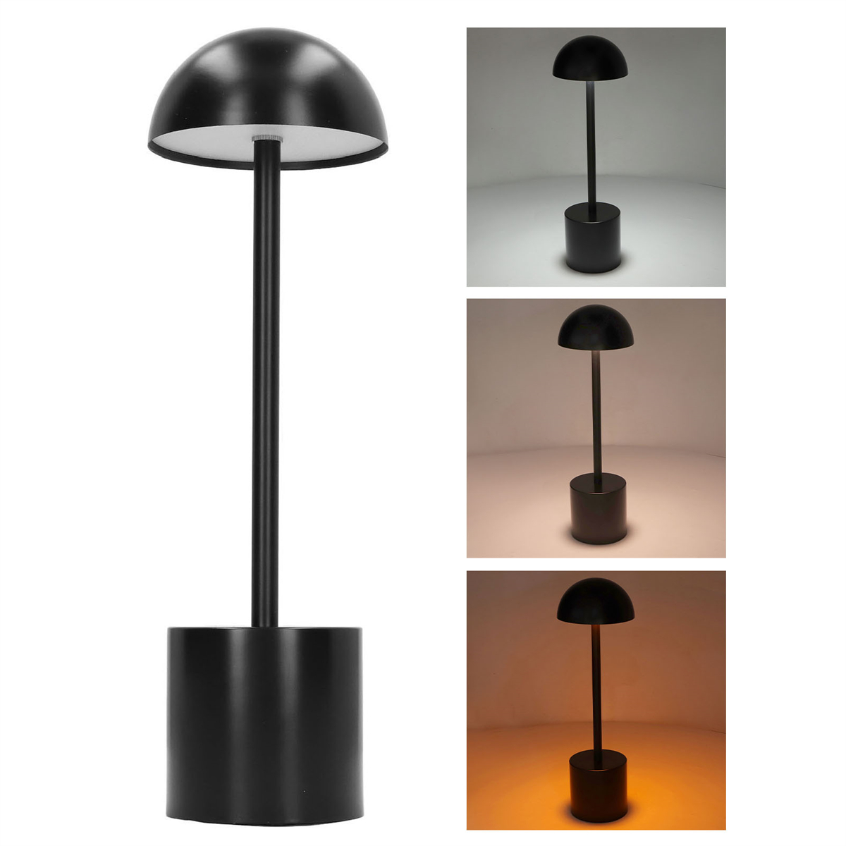 Schwarze LED-Lampe mit Halbkugel-Schirm, zylindrischer Fuß. Drei kleine Bilder zeigen Licht.