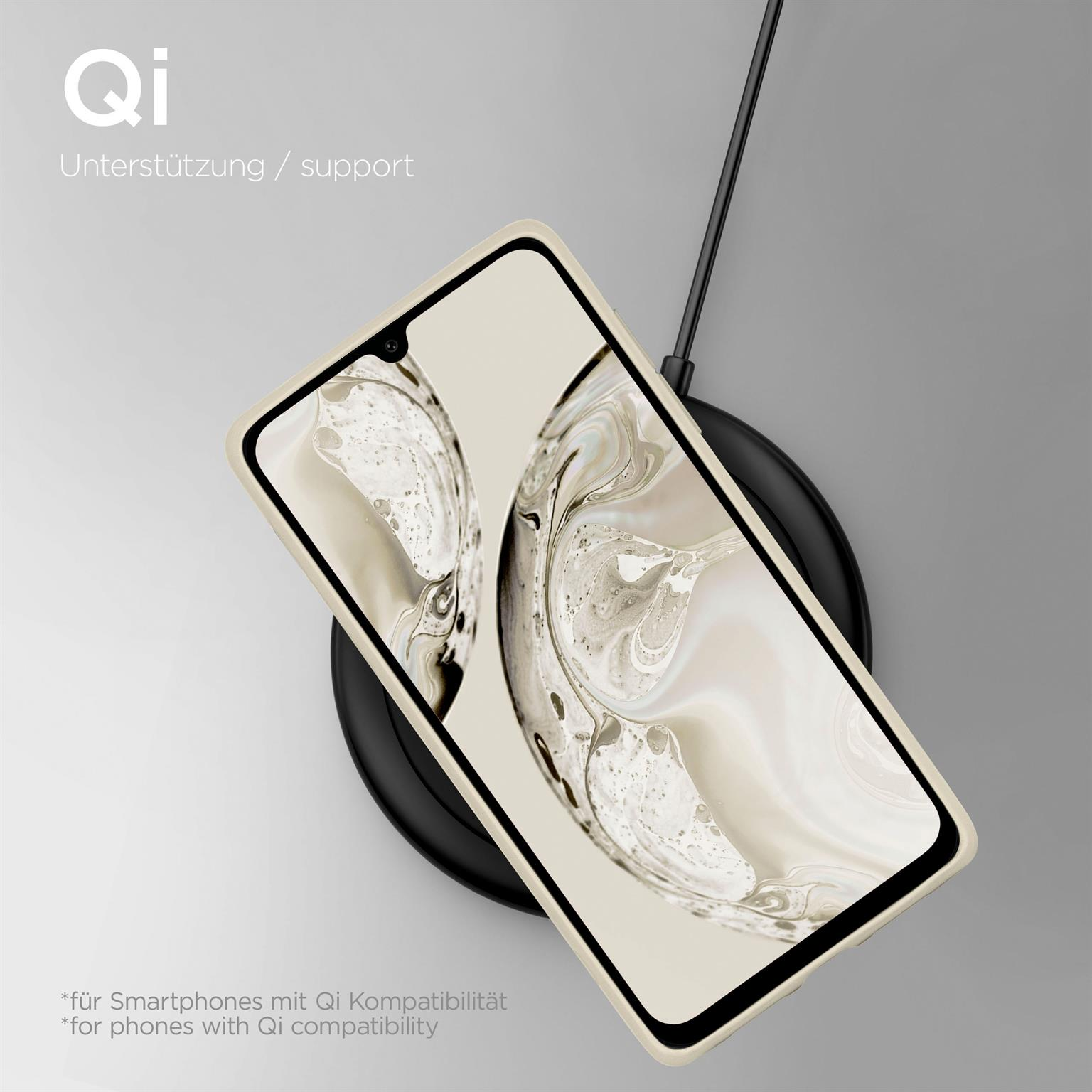 Telefon auf einem kabellosen Ladegerät mit Qi-Unterstützung, weißes Telefon in einer Hülle.