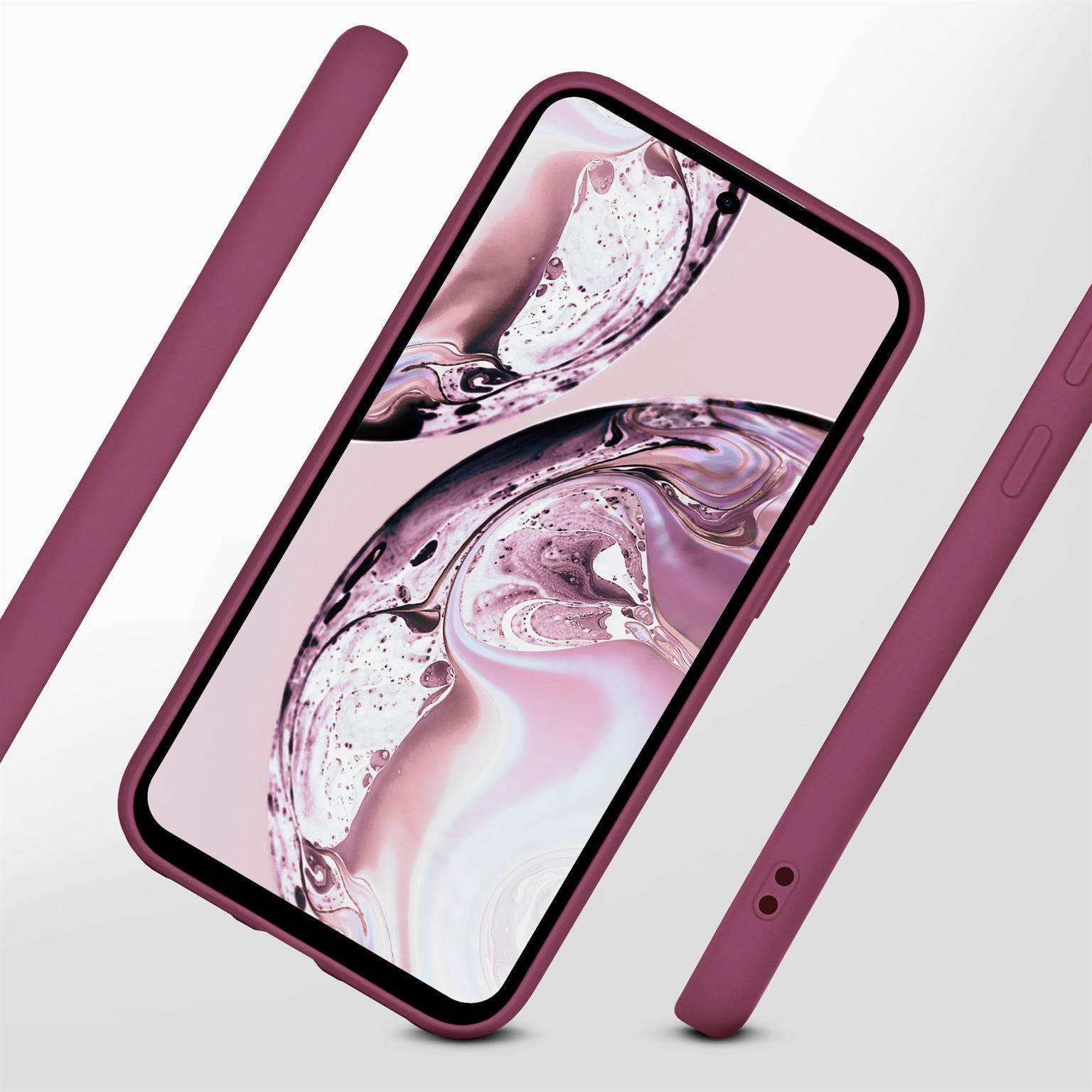 Telefonhülle mit Display. Das Telefon befindet sich in einer Hülle. Verschiedene Teile der Hülle sind sichtbar. Der Hintergrund ist weiß.