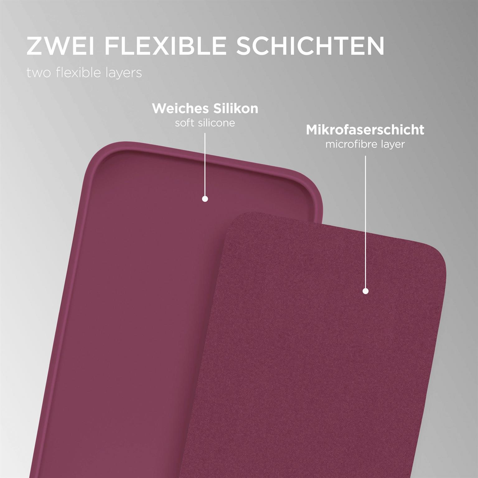 Zwei Handyhüllen, bordeauxrot und magenta, zeigen weiches Silikon und Mikrofaser.