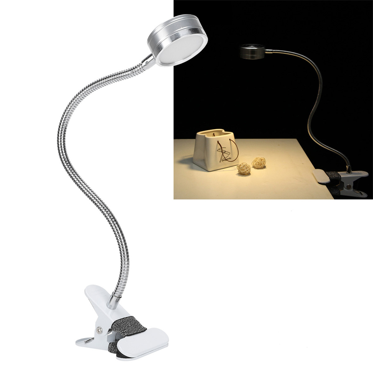 Flexible Schwanenhalslampe mit weißer Klemme. Die Lampe hat einen silbernen Kopf. Der Hintergrund ist schwarz.