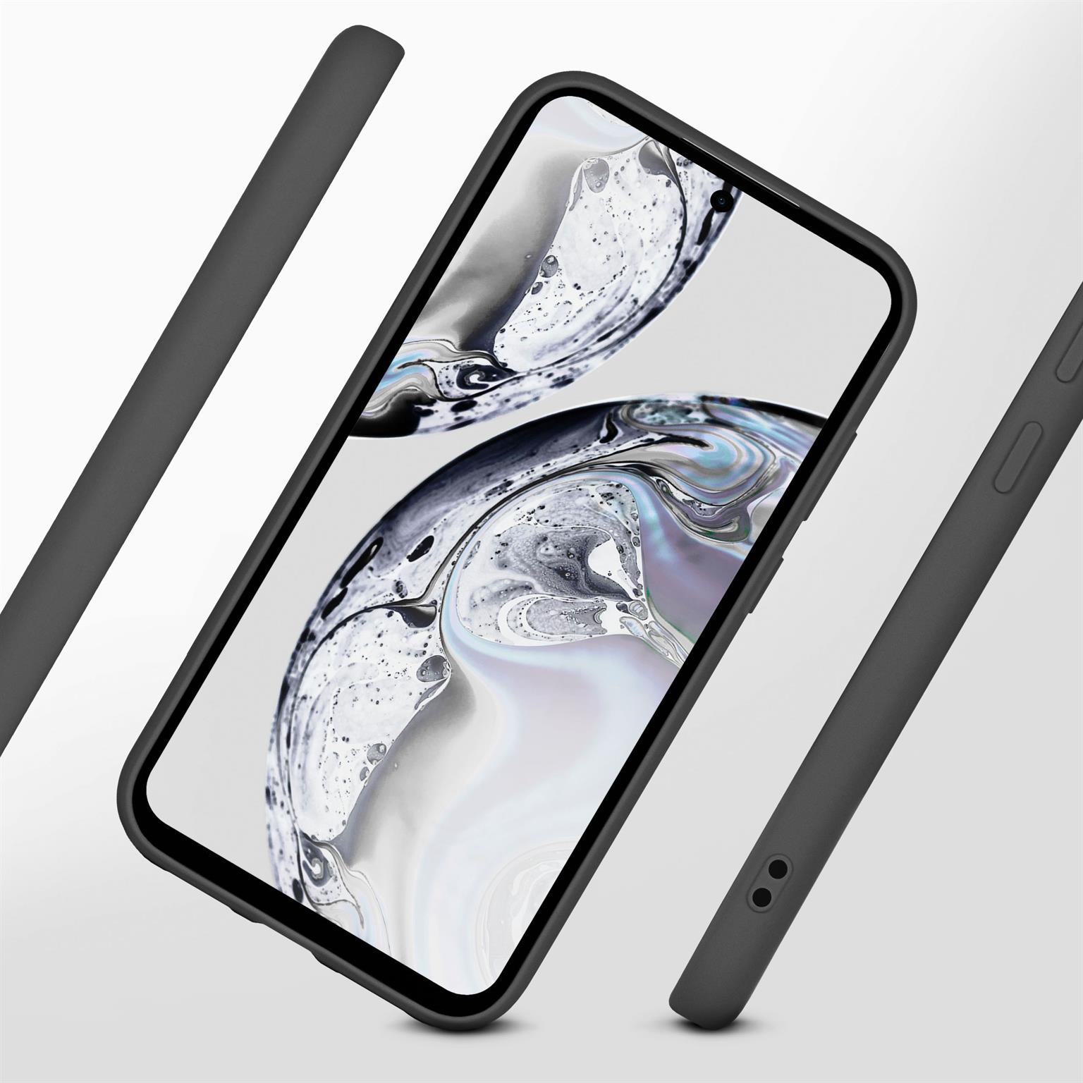Ein Telefon in schwarzer Hülle mit einem Bildschirm, der ein abstraktes Design zeigt.