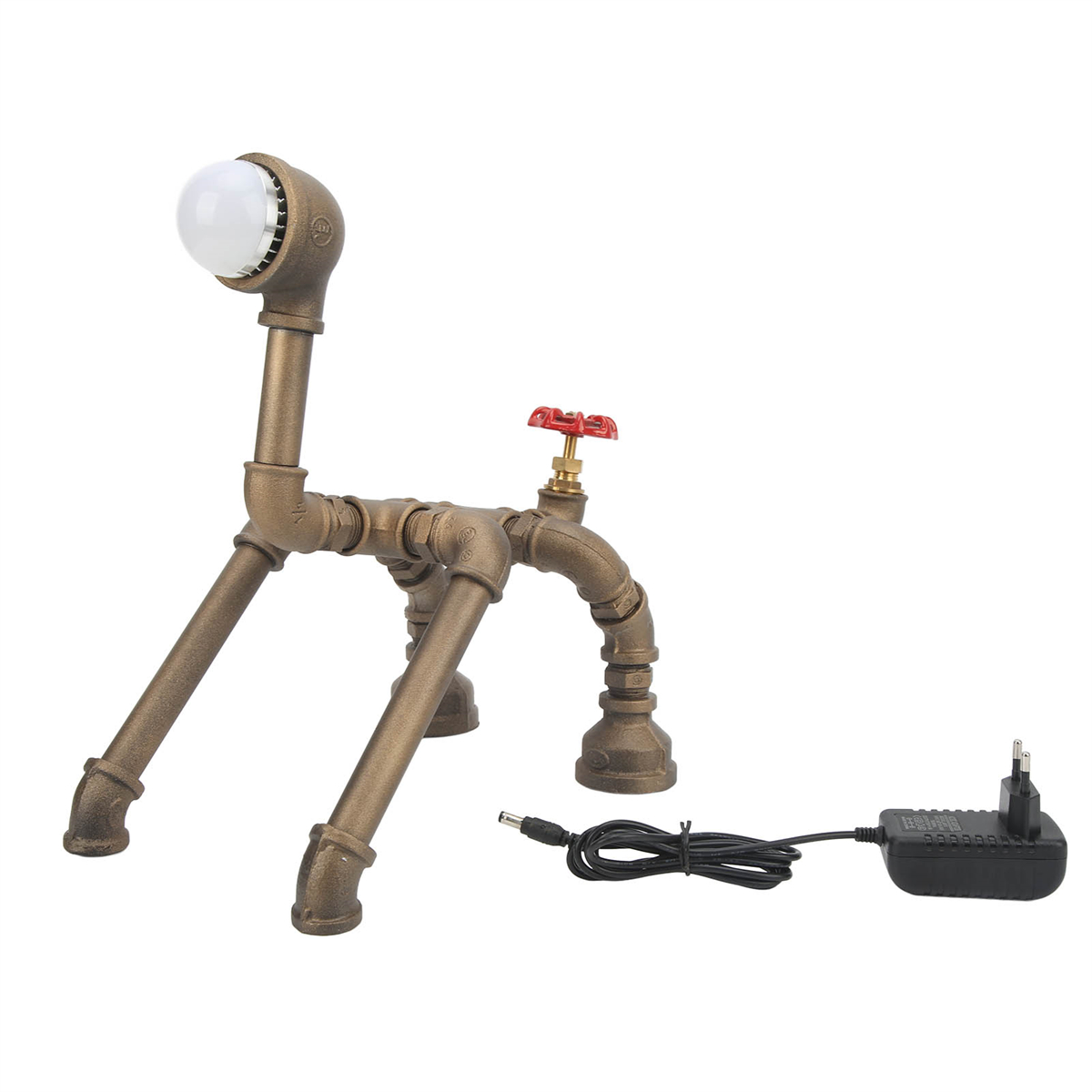 Eine Lampe aus Rohren mit Glühbirne, oben mit rotem Ventil.