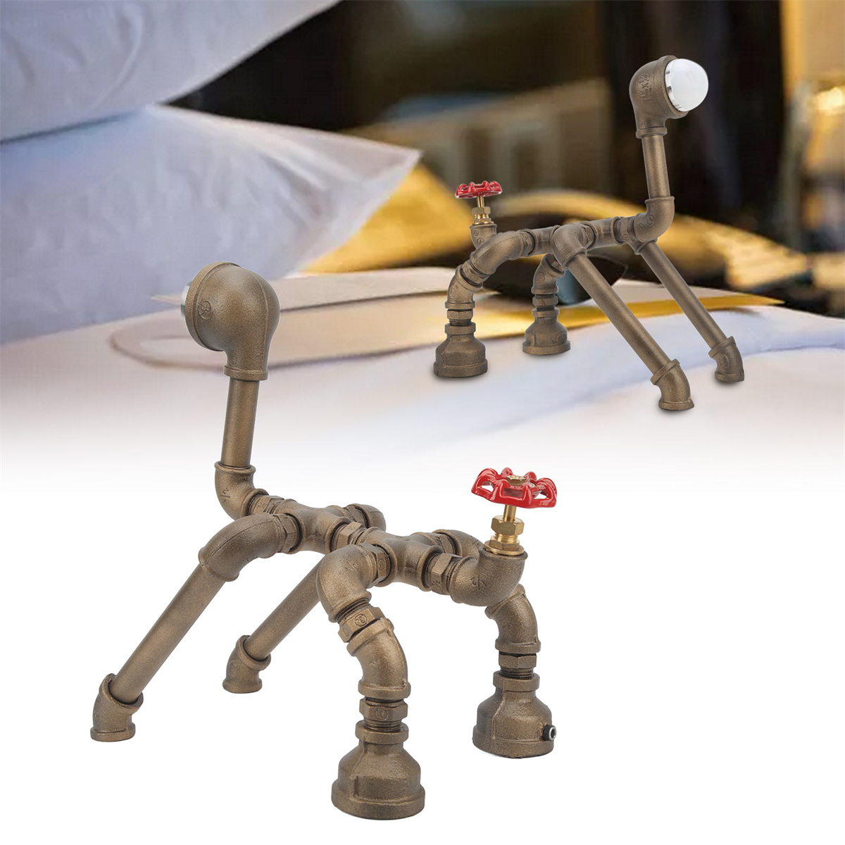 Zwei Lampen in Form einer Giraffe. Braun, aus Rohren gefertigt, rote Ventilkopf. Auf weißer Oberfläche.