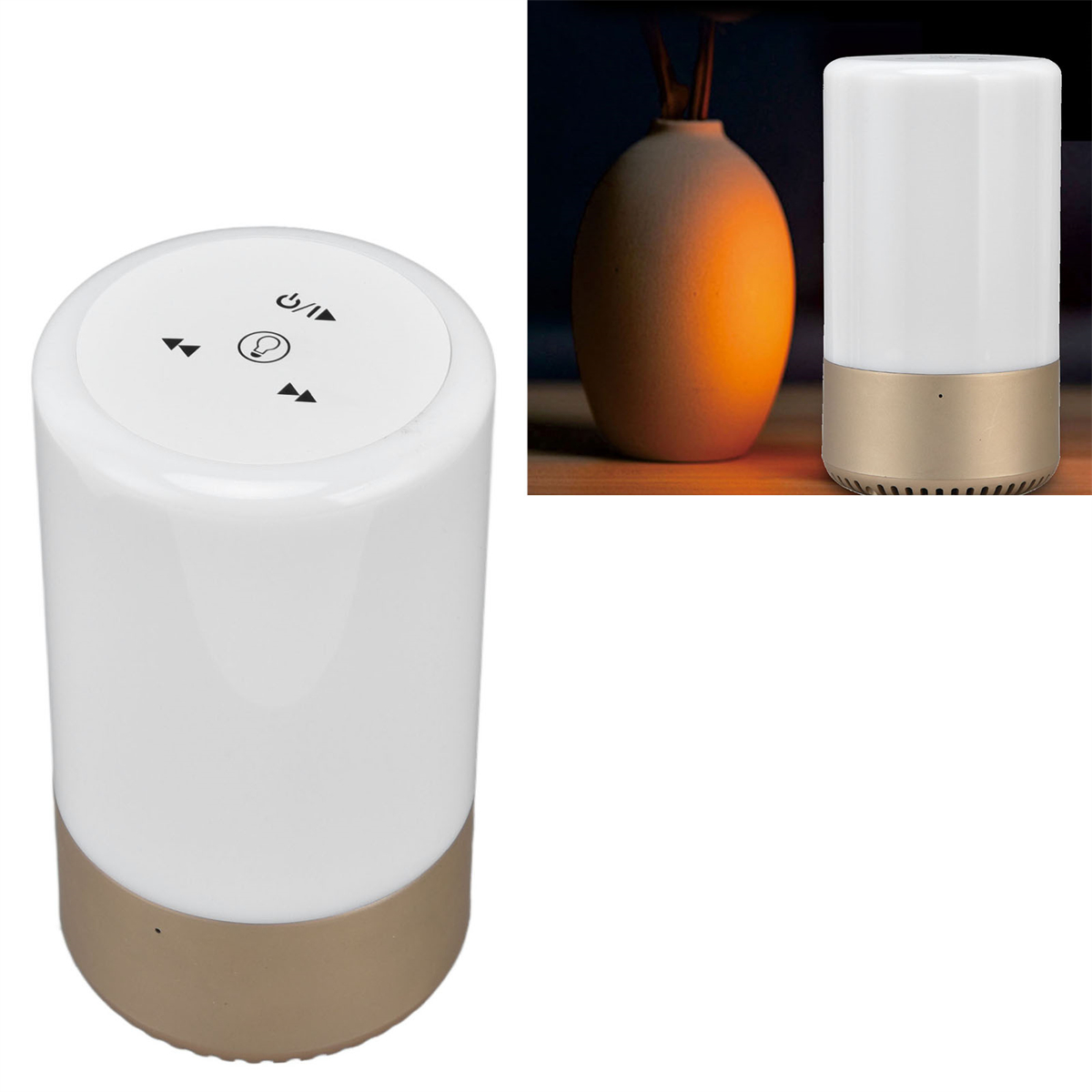 Zylindrische Lampe in Weiß und Gold mit Touch-Bedienelementen. Eine weitere Lampe und Vase im Hintergrund.