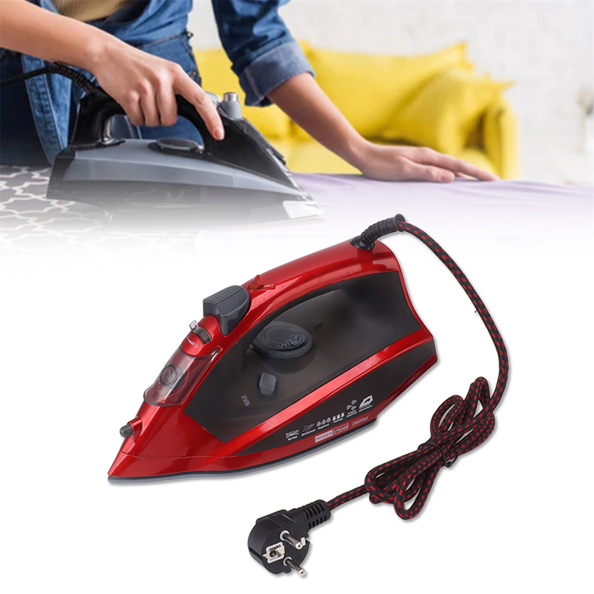 Rotes Bügeleisen mit Kabel und Stecker, wird auf Stoff verwendet. Hände einer Person sichtbar.