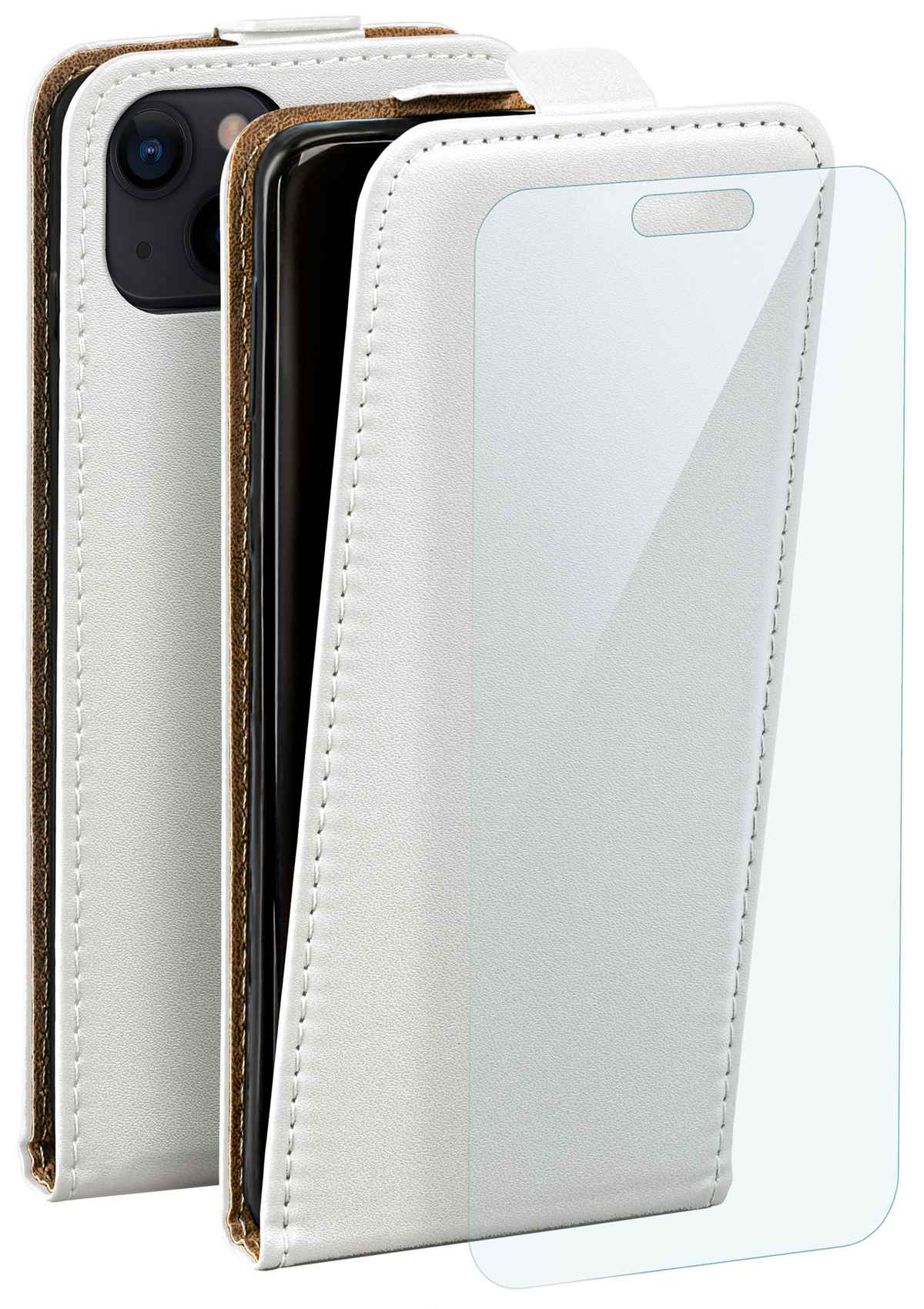 Weißes Handycase mit eingelegtem Handy und Displayschutz. Lederähnliches Material.