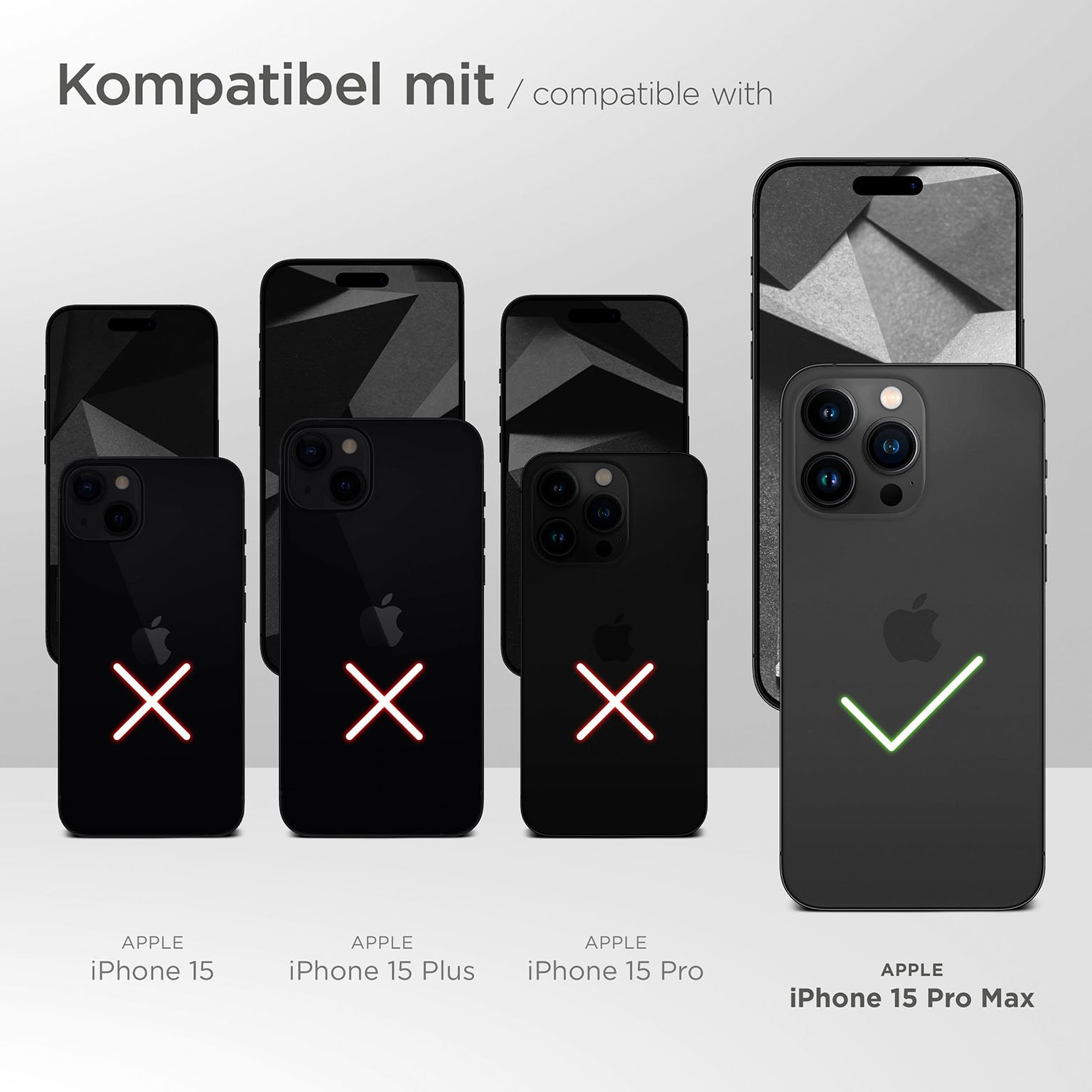 Bild zeigt iPhones. Ein iPhone 15 Pro Max ist mit einem grünen Häkchen markiert. Die anderen Telefone haben rote X-Markierungen.