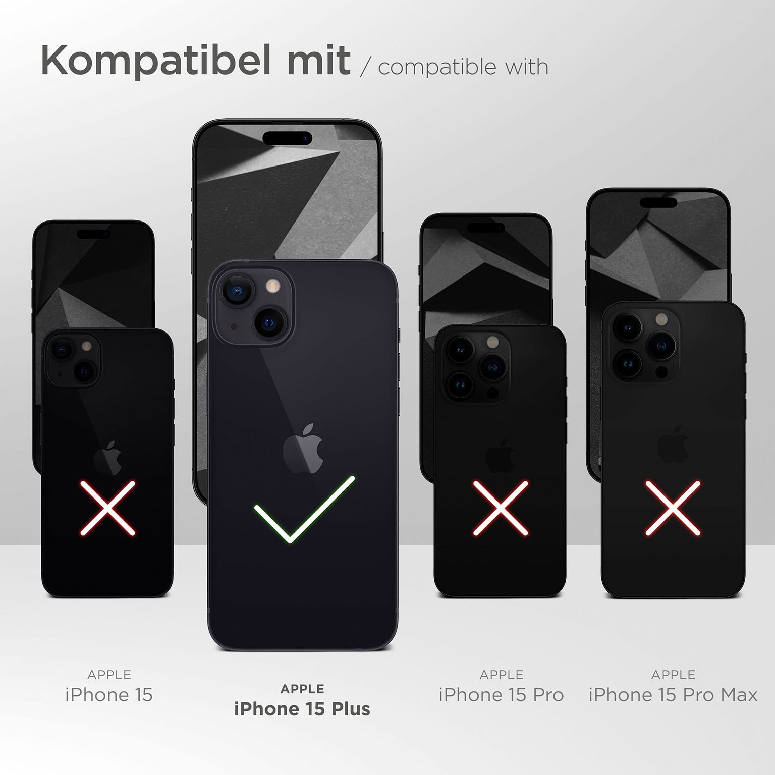 Bild zeigt iPhones. Ein iPhone 15 Plus ist mit einem grünen Häkchen markiert. Die anderen Telefone haben rote X-Markierungen.