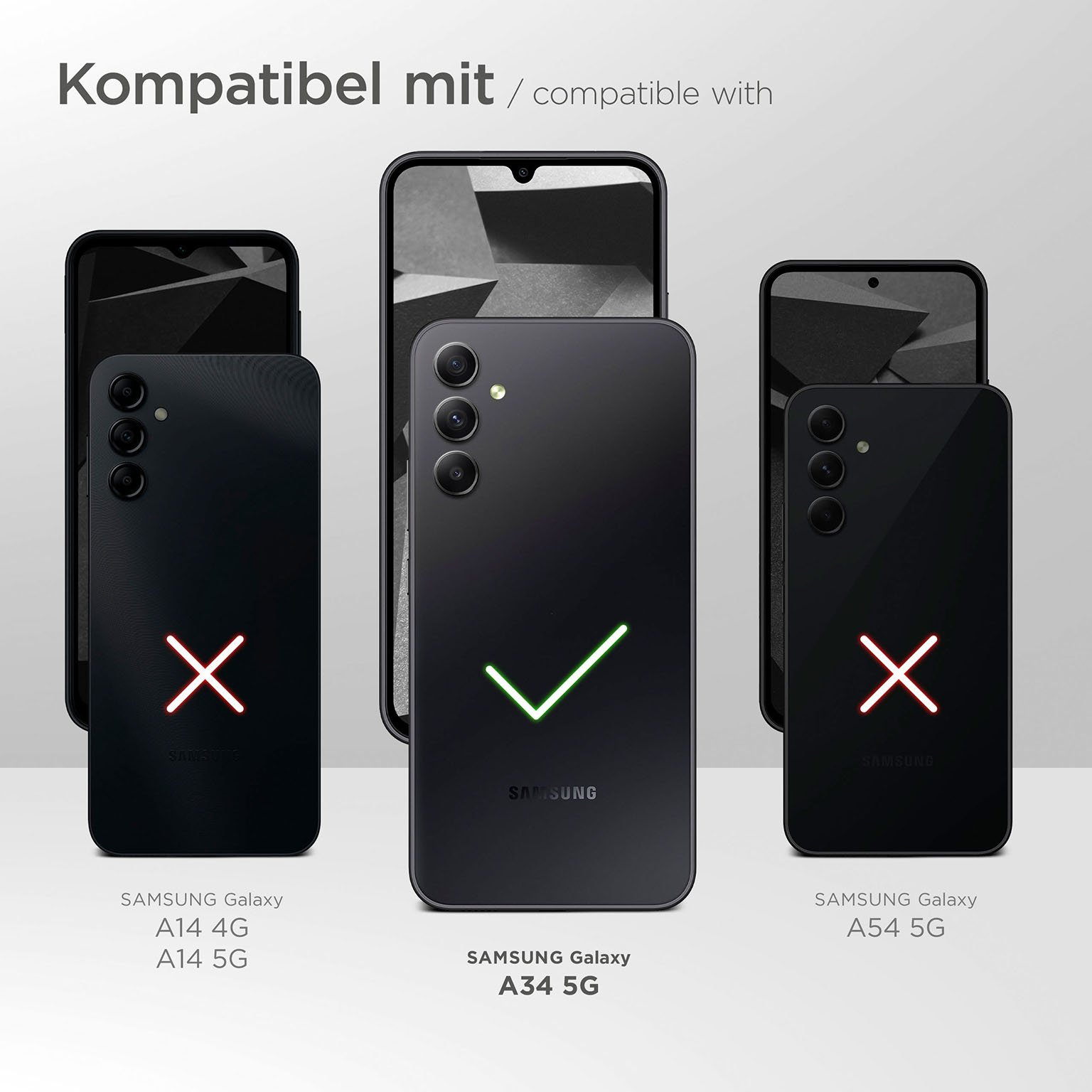 Drei schwarze Samsung Galaxy-Telefone. Eins hat ein grünes Häkchen, die anderen rote Xs. Text: Kompatibel mit Samsung Galaxy.