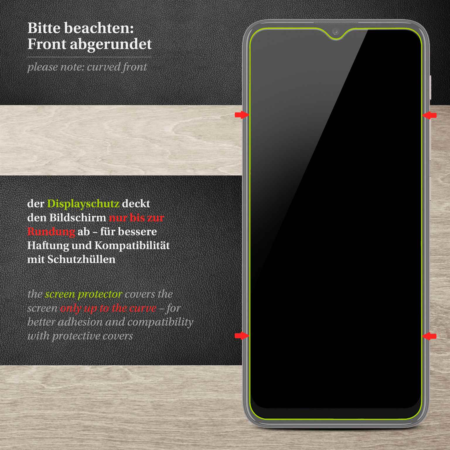 Ein Displayschutz wird auf einem Telefonbildschirm mit abgerundeten Kanten gezeigt. Text zeigt die Kurve.