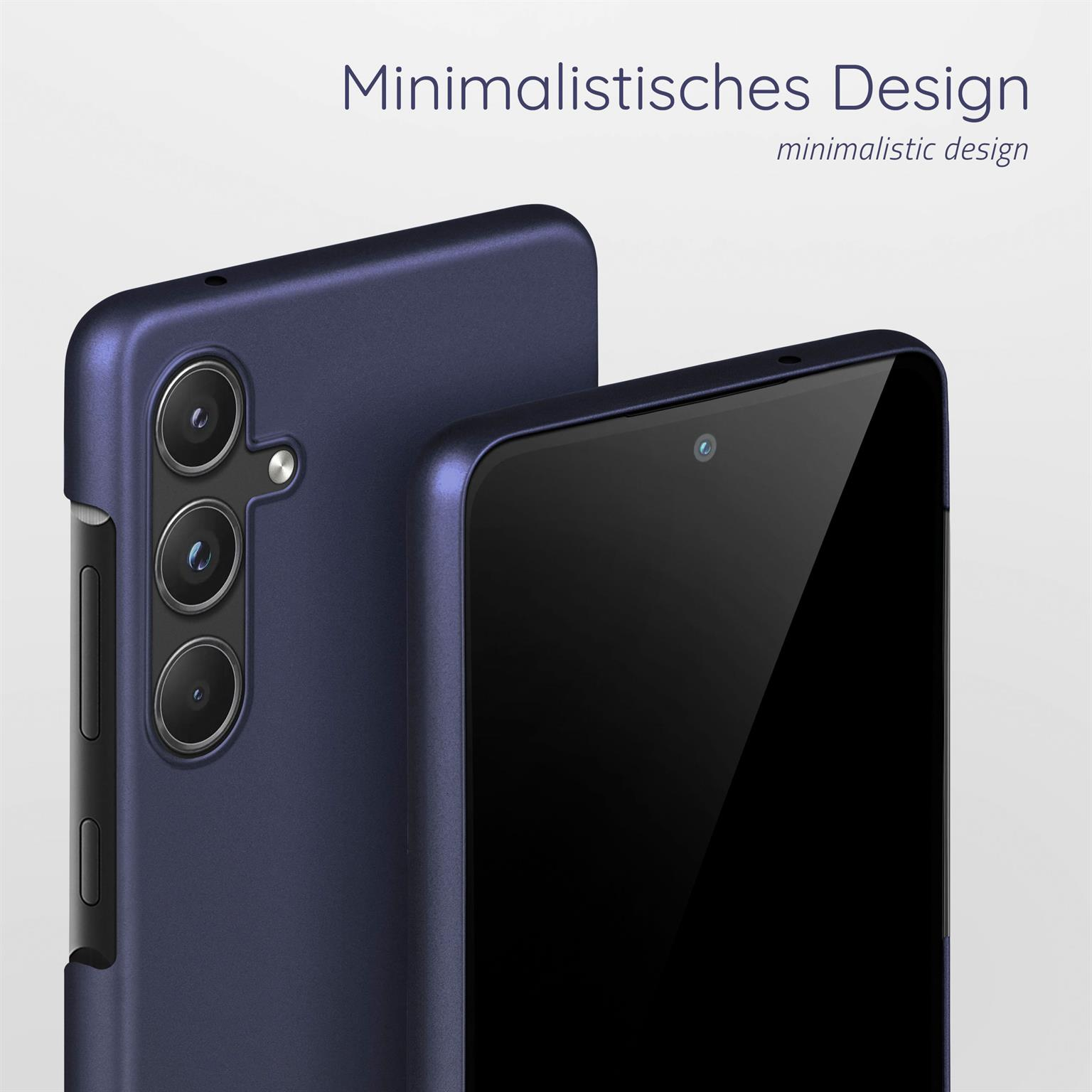 Ein dunkelblaues Telefon in einer dunkelblauen Hülle. Text oben: minimalistisches Design.