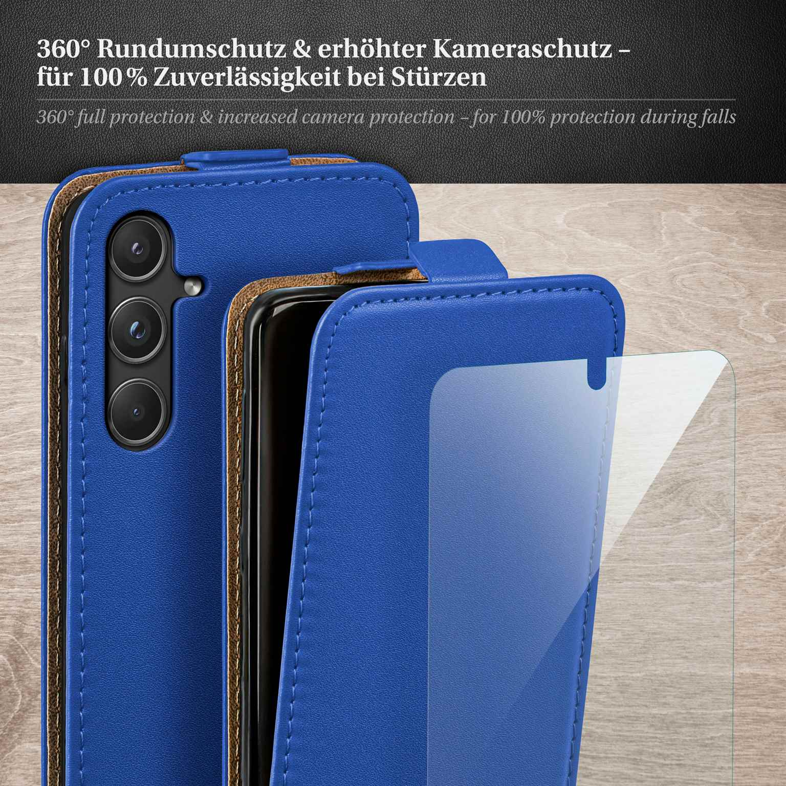Eine blaue Handyhülle, offen mit einem Displayschutz. Hülle und Schutz sind auf einer Holzoberfläche.