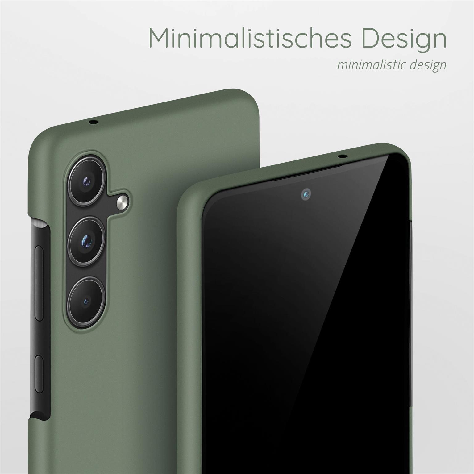 Telefonhülle. Grüne Farbe. Schwarzer Bildschirm. Minimalistisches Design. Weißer Hintergrund.