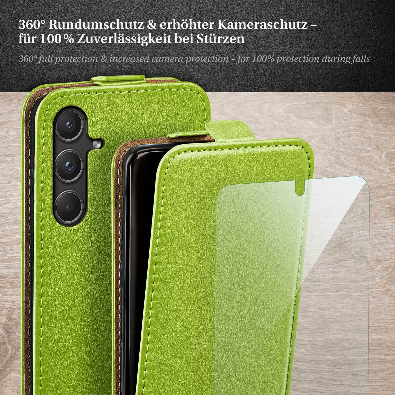 Grüne Handyhülle geöffnet, zeigt Telefon innen mit Displayschutz.