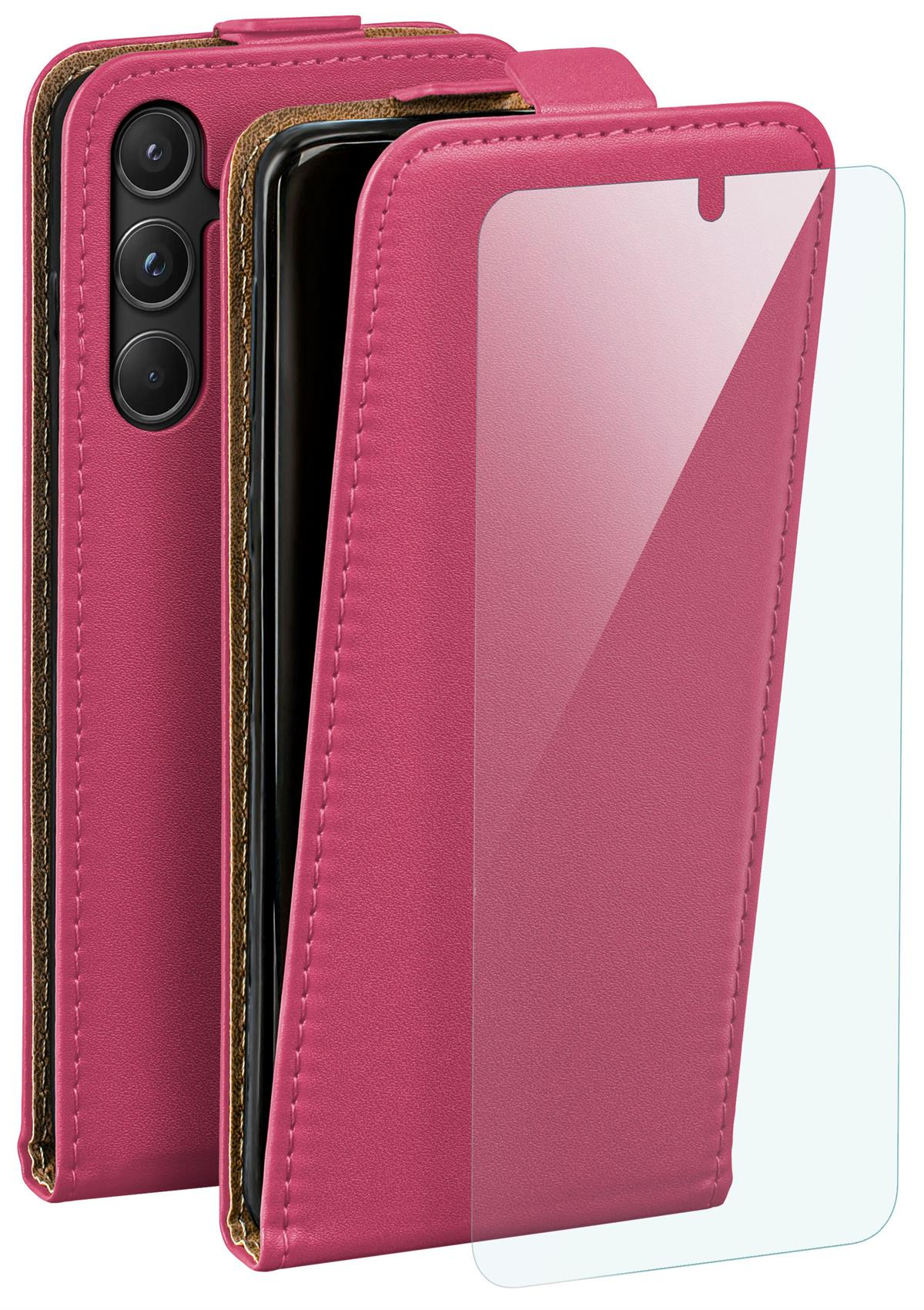 Eine rosa Handyhülle mit Telefon. Der Deckel öffnet sich wie ein Buch, mit Displayschutz.
