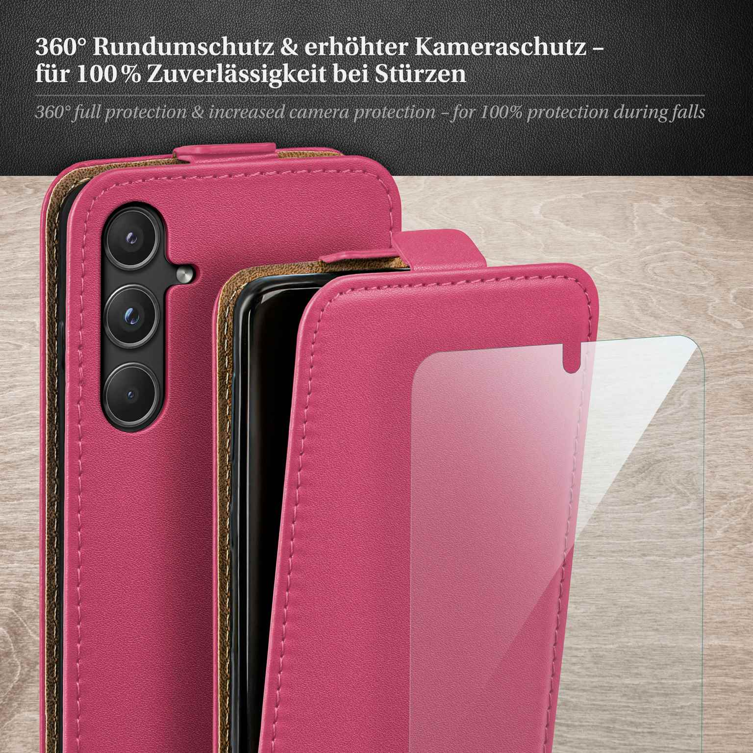 Rosa Handyhülle mit Displayschutz offen, auf Holz, zeigt Schutzfunktionen.
