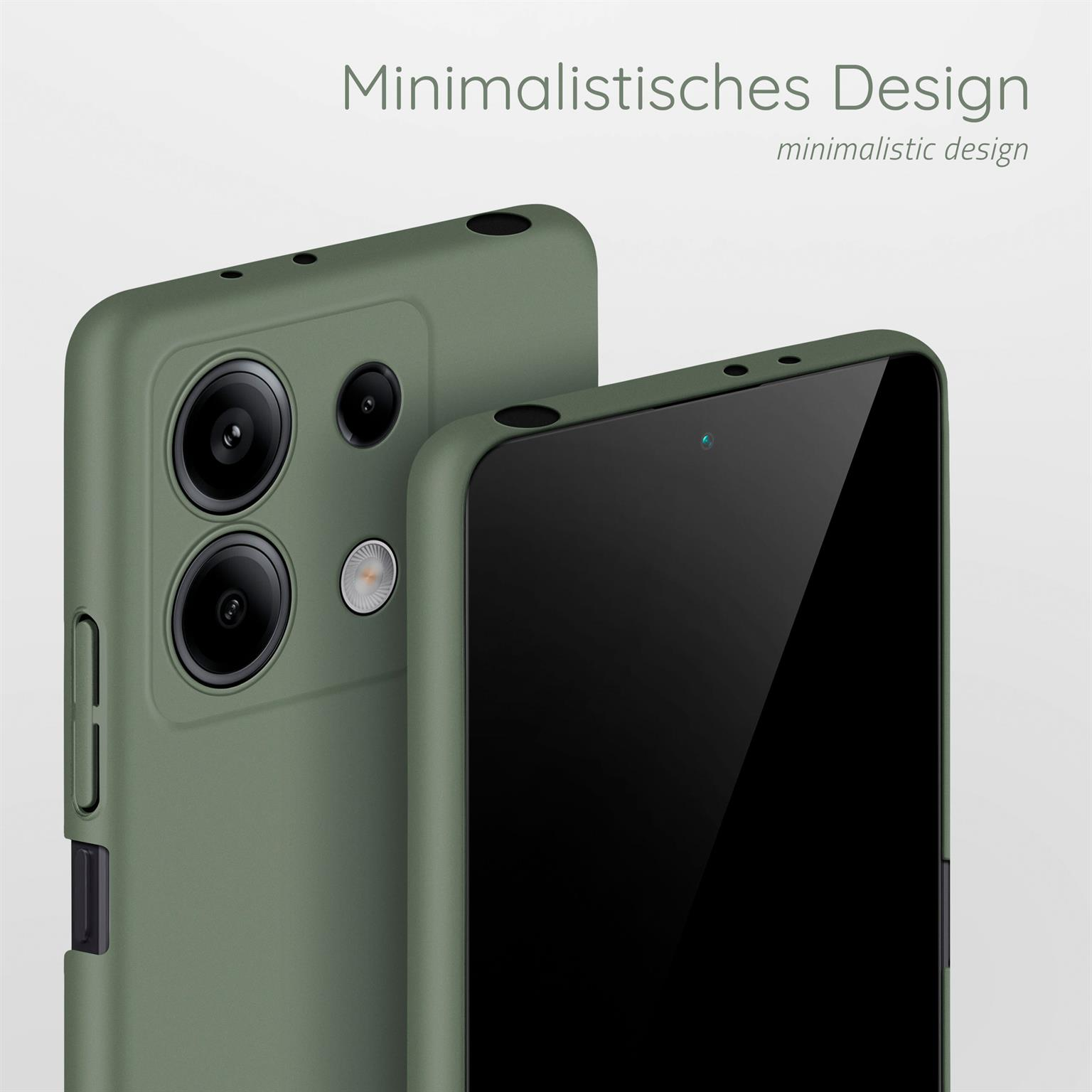 Zwei olivgrüne Handyhüllen. Minimalistisches Design. Schwarze Kameraausschnitte.