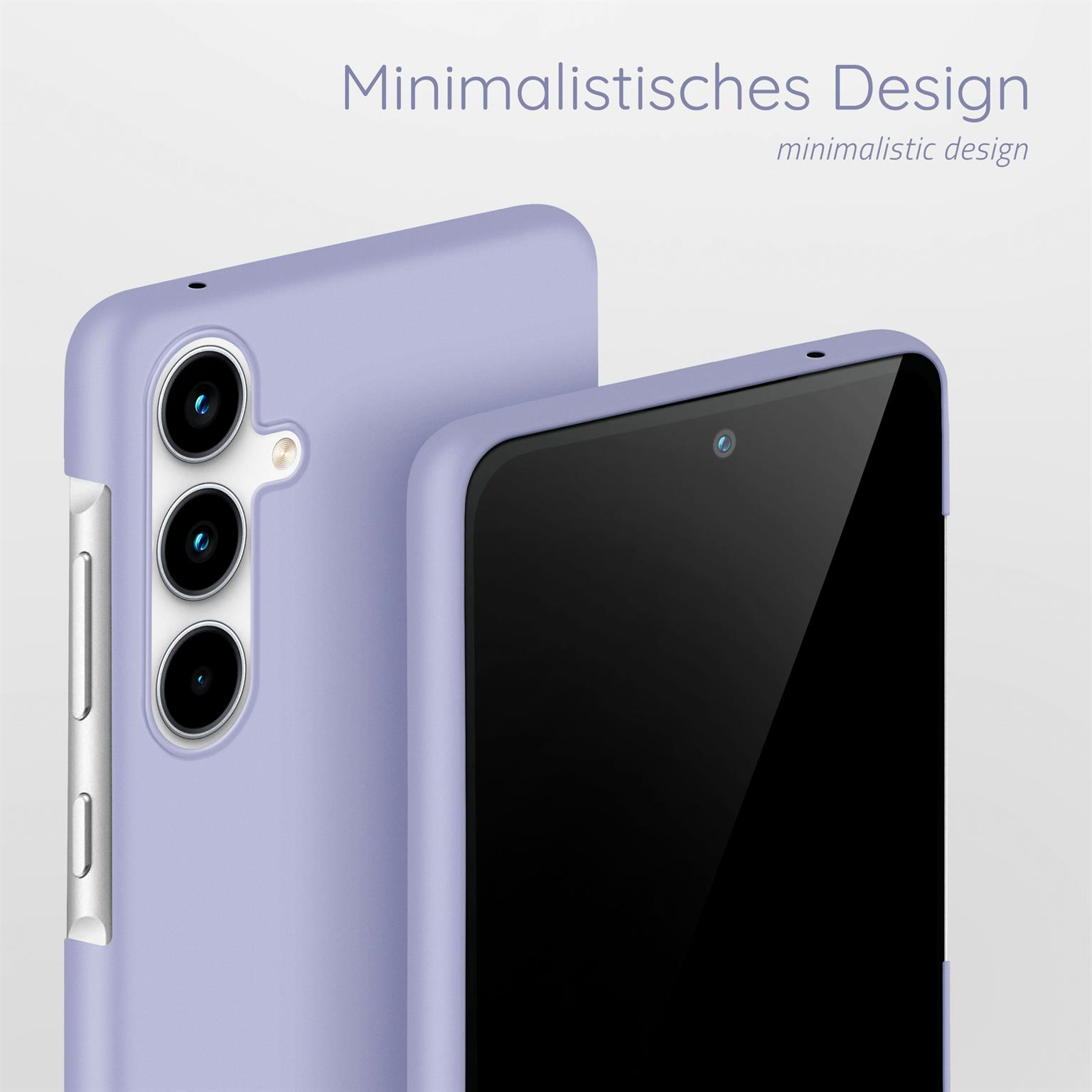 Zwei lila Handyhüllen, die die Rückseite des Telefons zeigen. Text: Minimalistisches Design.
