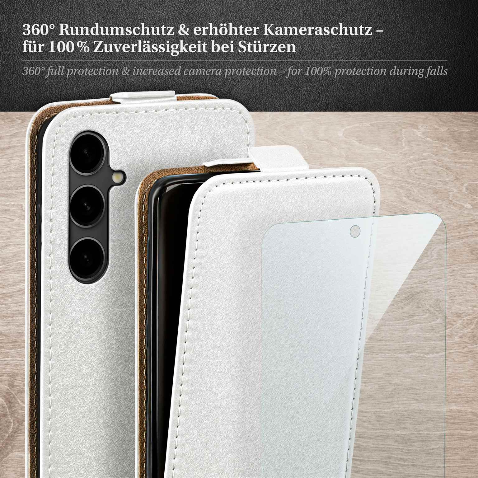 Weiße Handyhülle mit einem Telefon darin; eine Nahaufnahme der geöffneten Hülle.
