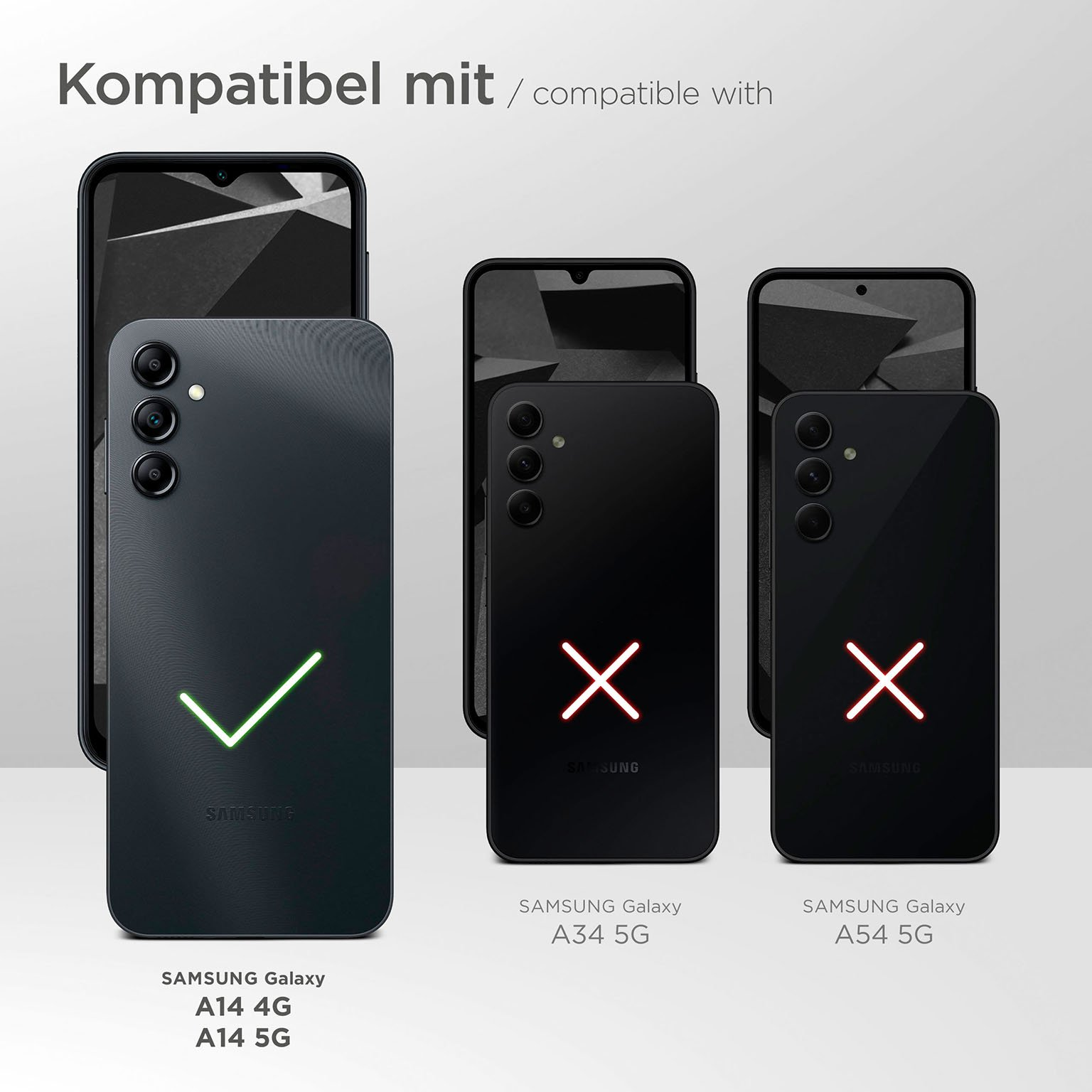 Mehrere Telefone mit Häkchen und X-Markierungen. Der Text zeigt Kompatibilität an.