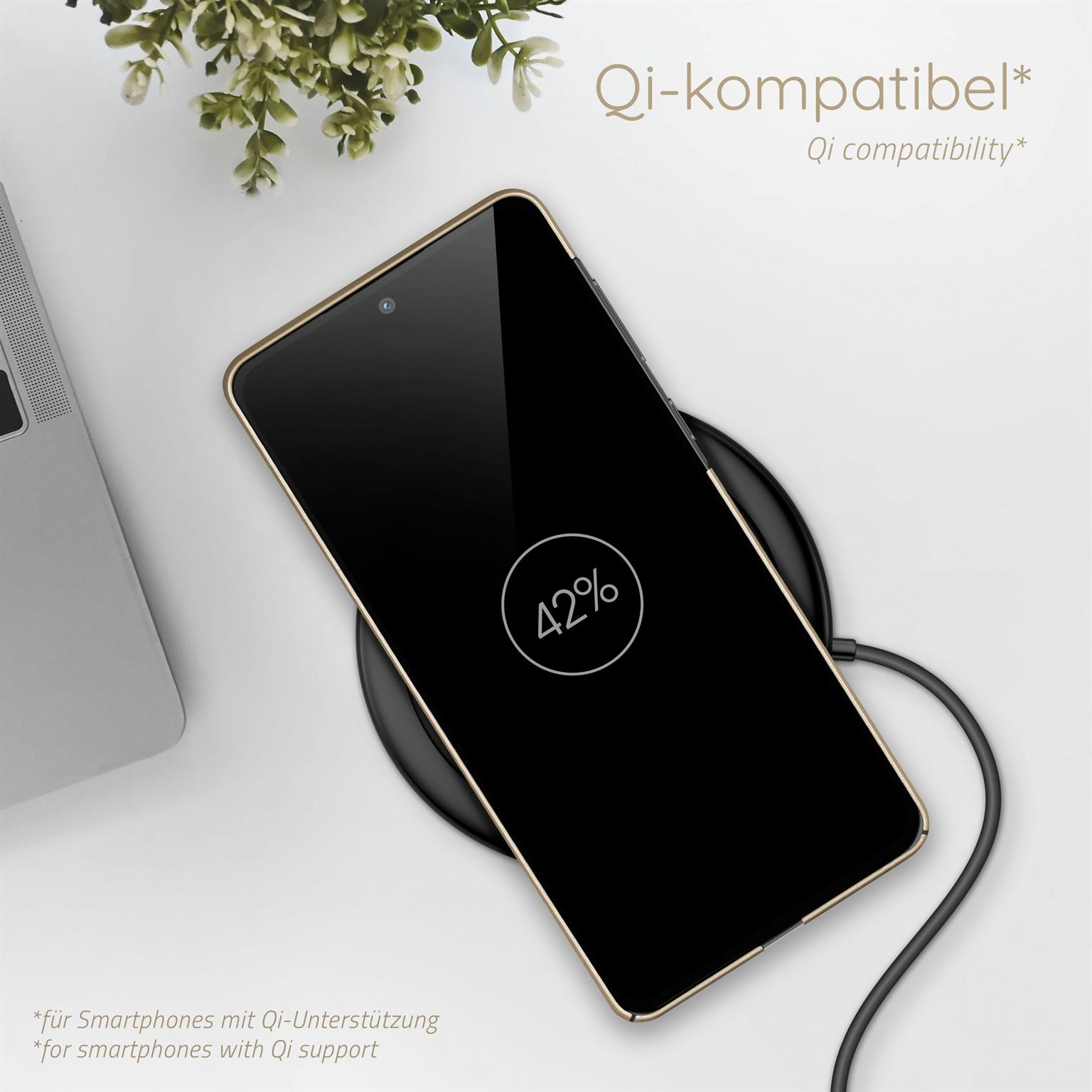 Telefon lädt kabellos, zeigt 42% Akku. Weißer Hintergrund mit Pflanzen.