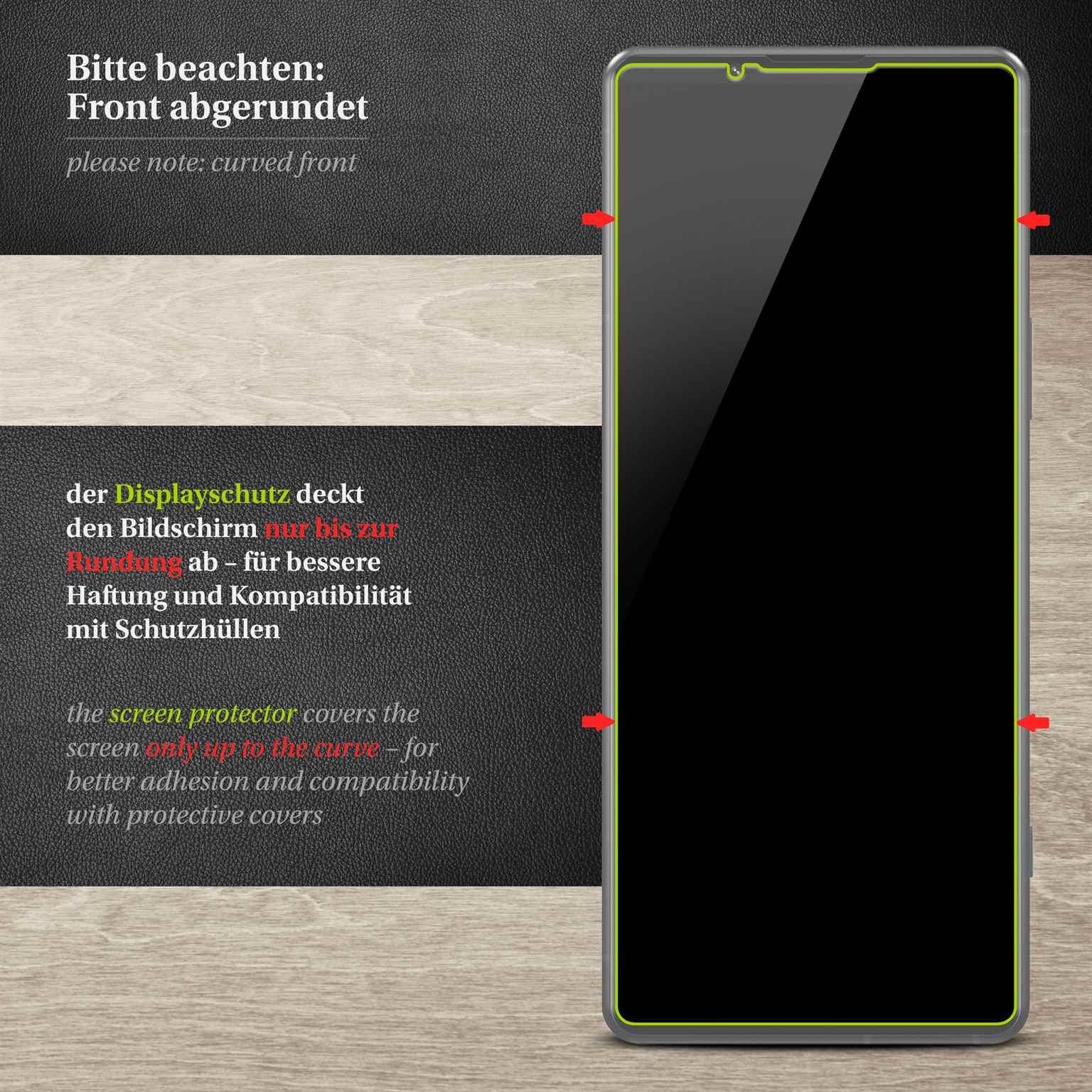 Displayschutzfolie auf einem Telefon, zeigt abgerundete Kanten und Textanweisungen.