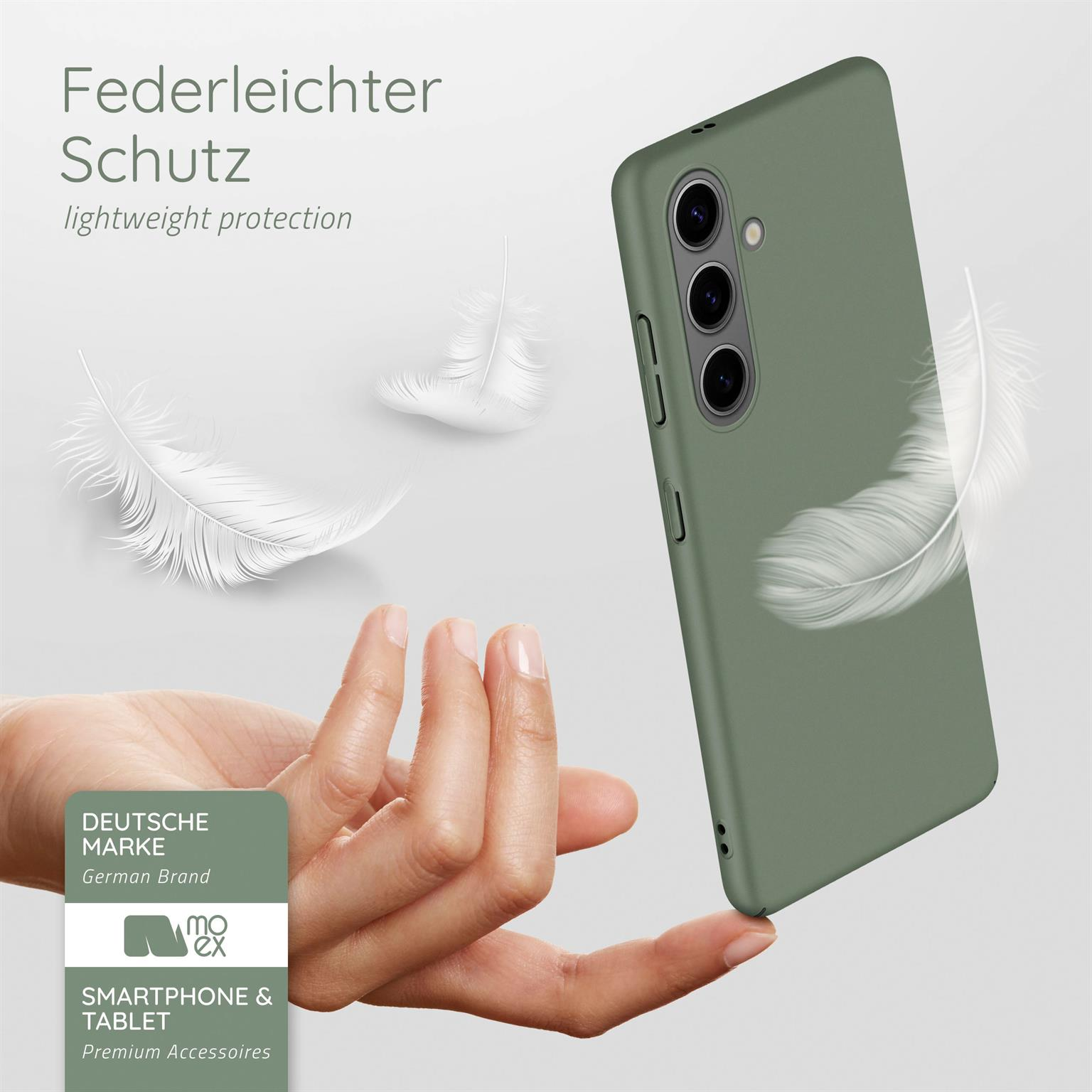 Grüne Handyhülle mit schwebenden Federn. Hand hält Hülle. Deutsches Markenlogo. Text: leichter Schutz.