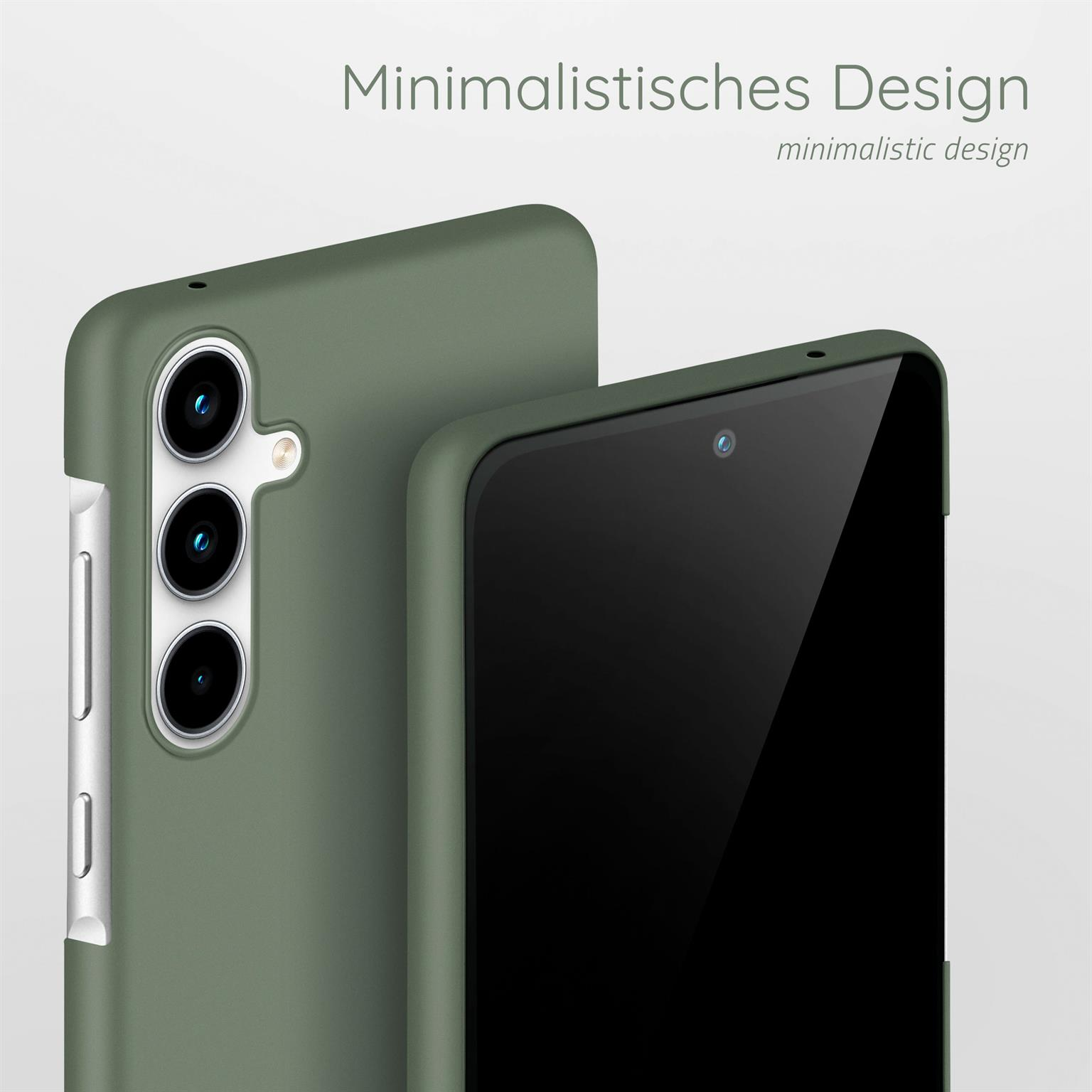 Zwei grüne Handyhüllen, eine im Fokus, die andere unscharf. Sie befinden sich auf einer weißen Oberfläche.