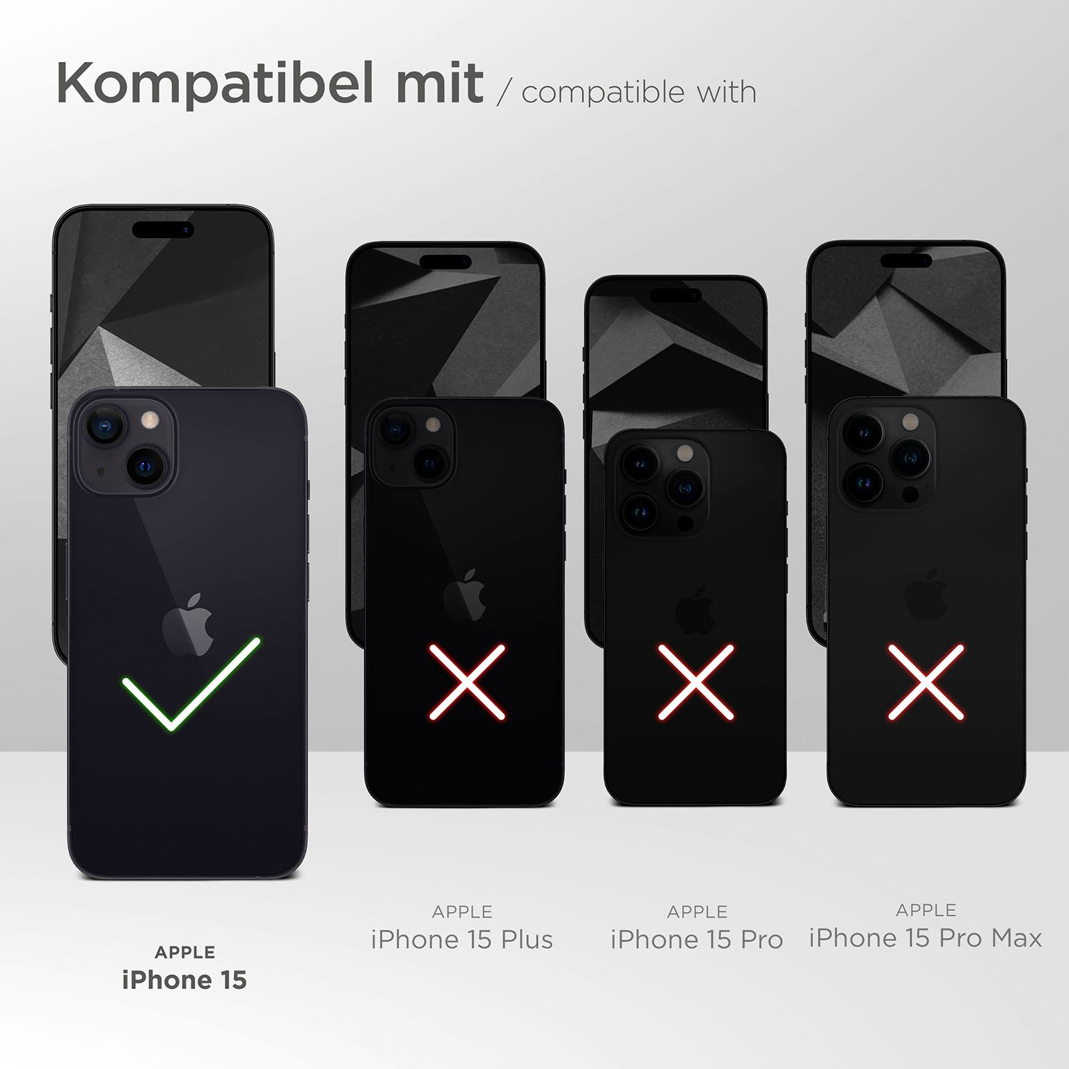 Telefon-Kompatibilitätstabelle. iPhone 15 kompatibel, andere nicht. Schwarze Telefone auf weißem Grund.