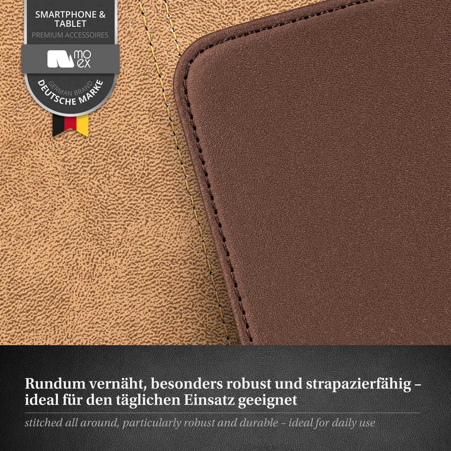 Eine braune Lederhülle. Es ist an den Rändern genäht. Ein Smartphone & Tablet Logo in der Ecke.