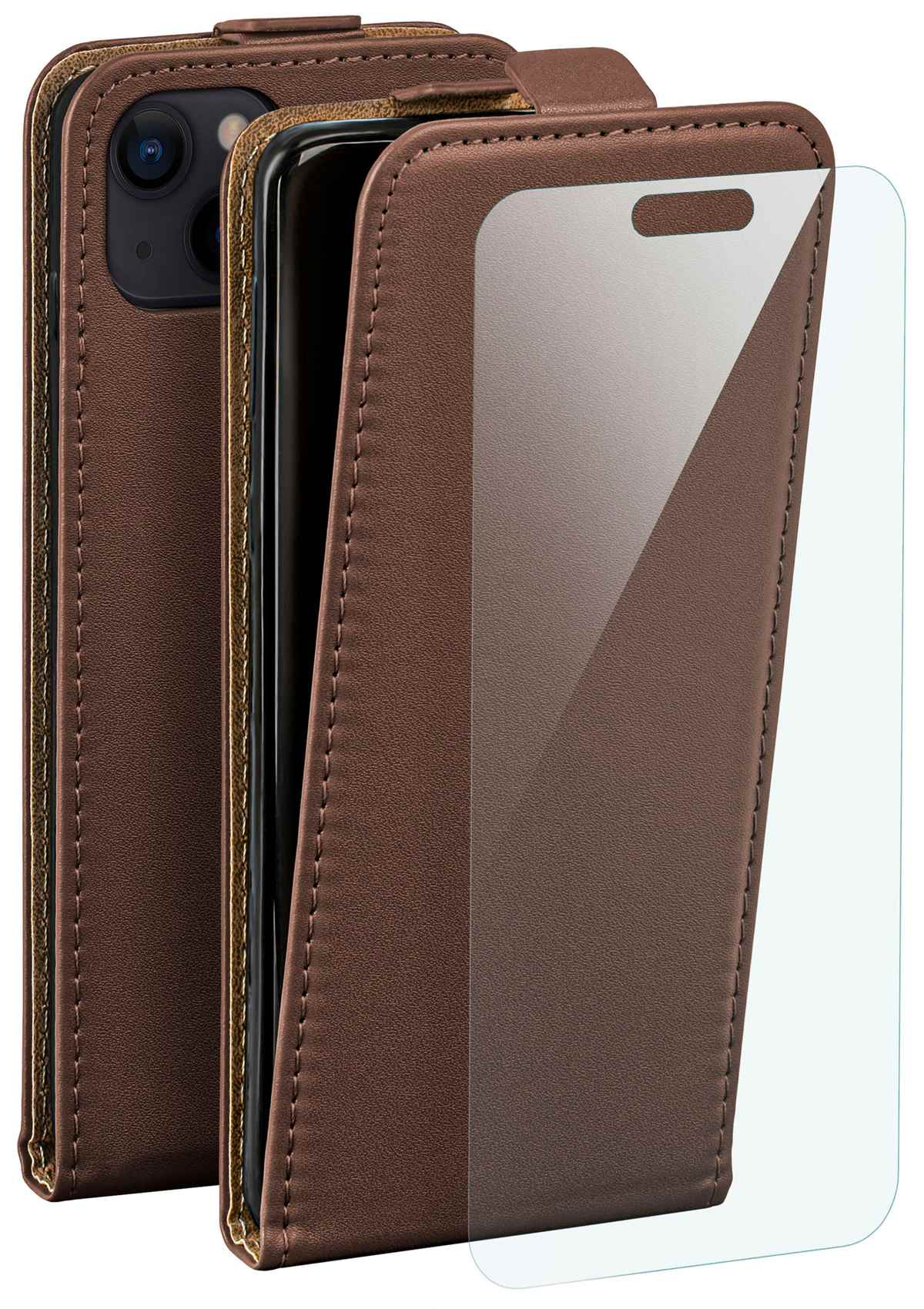 Braunes Telefon mit Hülle, offen, um den Bildschirm freizugeben. Eine Displayschutzfolie ist sichtbar. Braune Zierleiste.