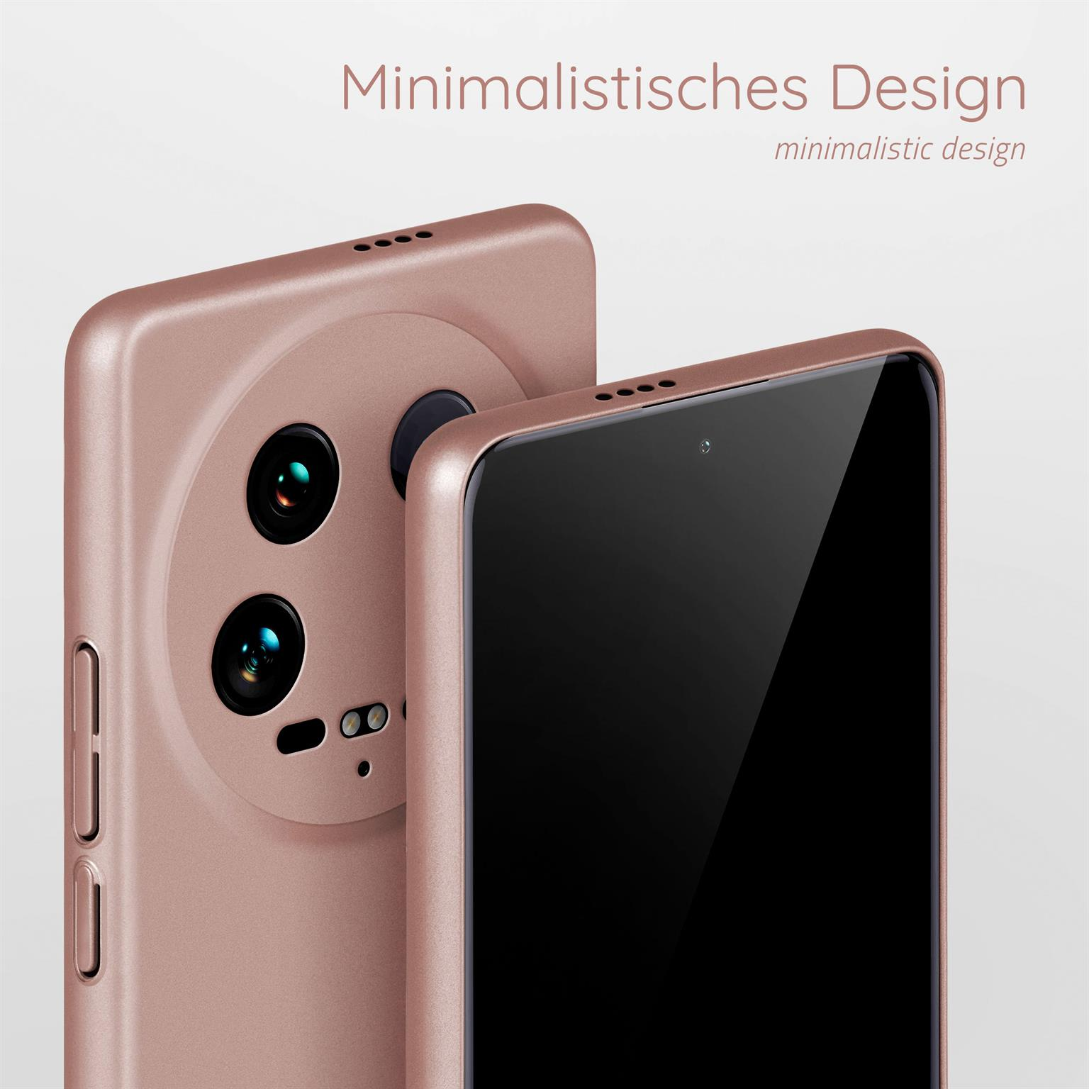 Zwei Handyhüllen, eine mit Kameraaussparung. Roségoldfarben, minimalistisches Design.
