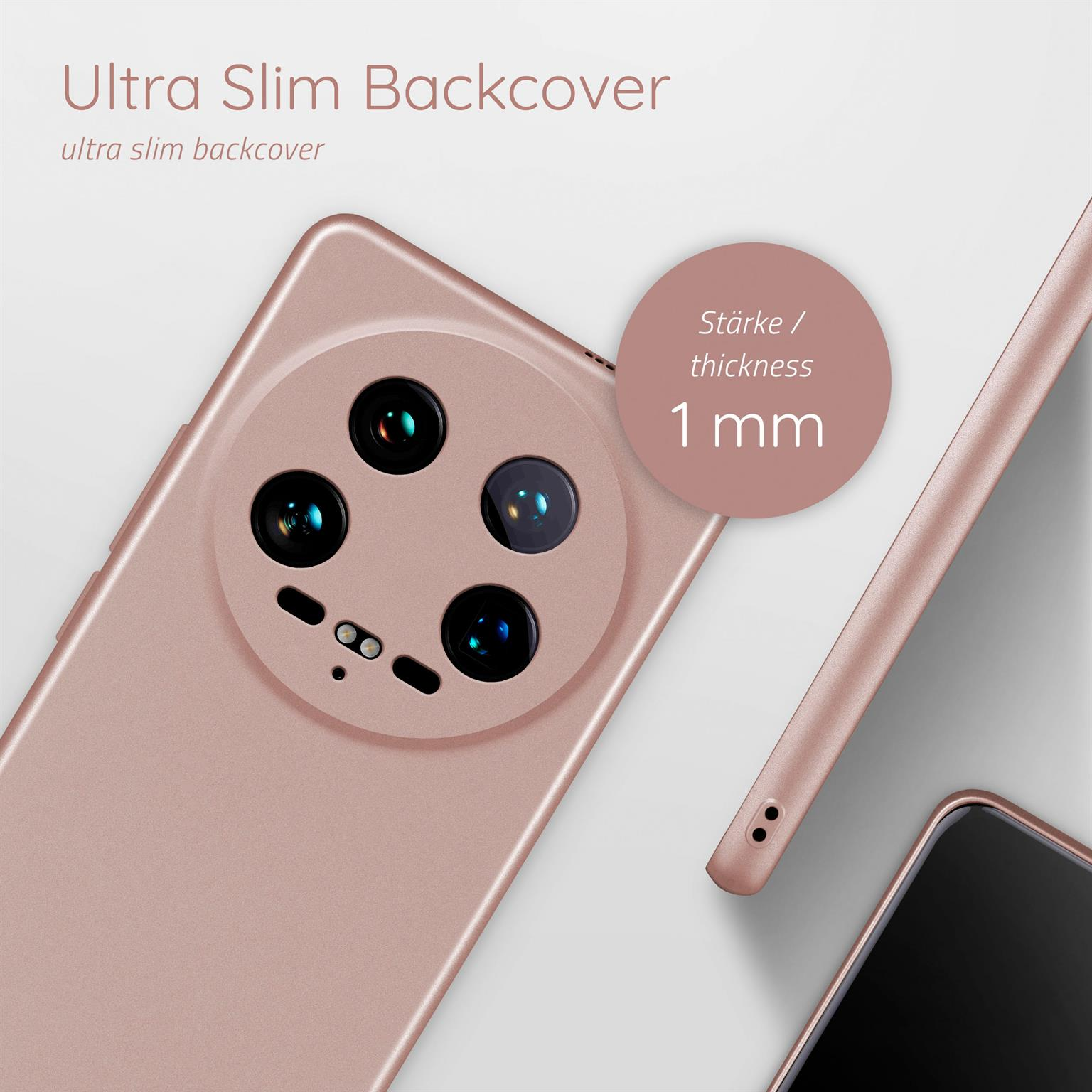 Nahaufnahme einer Handyhülle mit Kameraausbuchtung und dem Text 'Ultra Slim Backcover'.