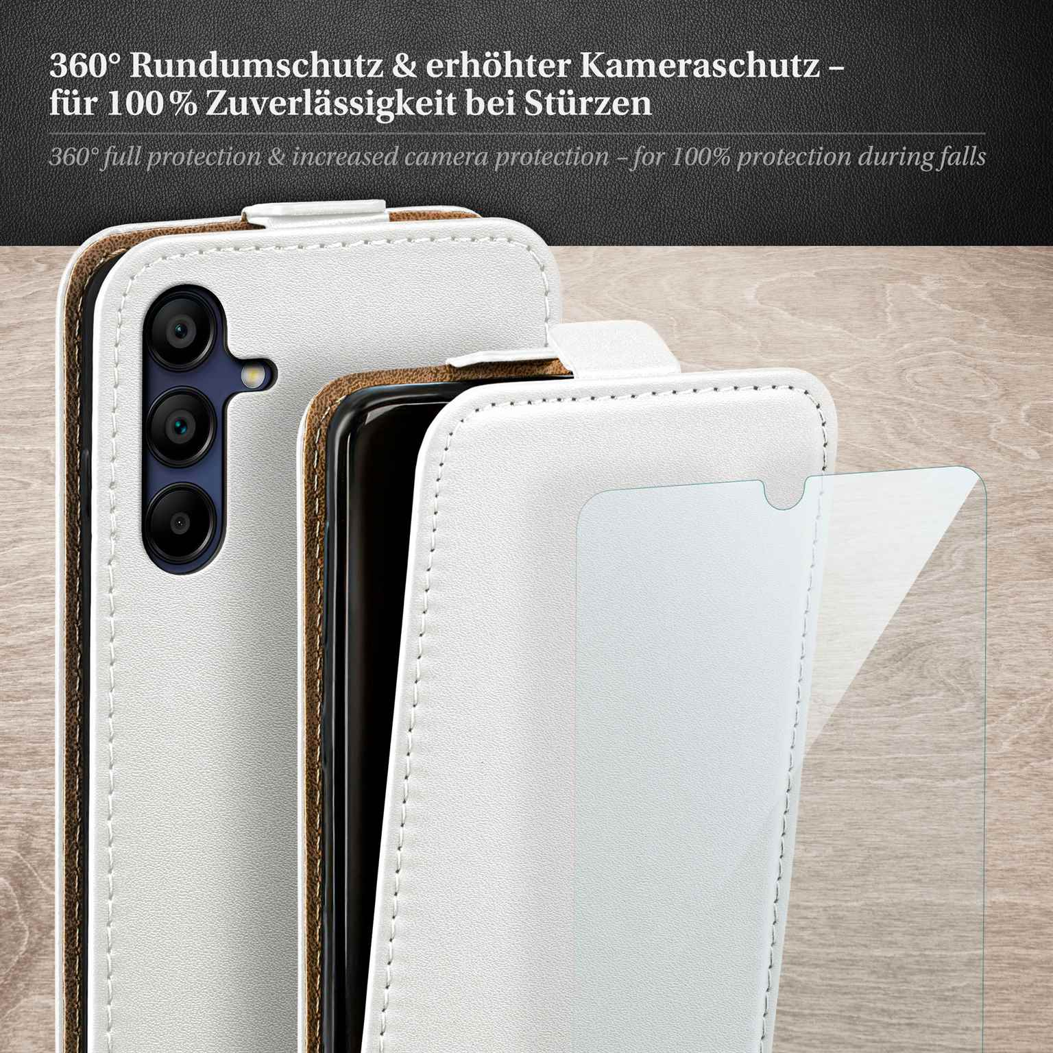 Weiße Handyhülle mit Lederstruktur, schützt Telefon mit Kamera und Bildschirm.