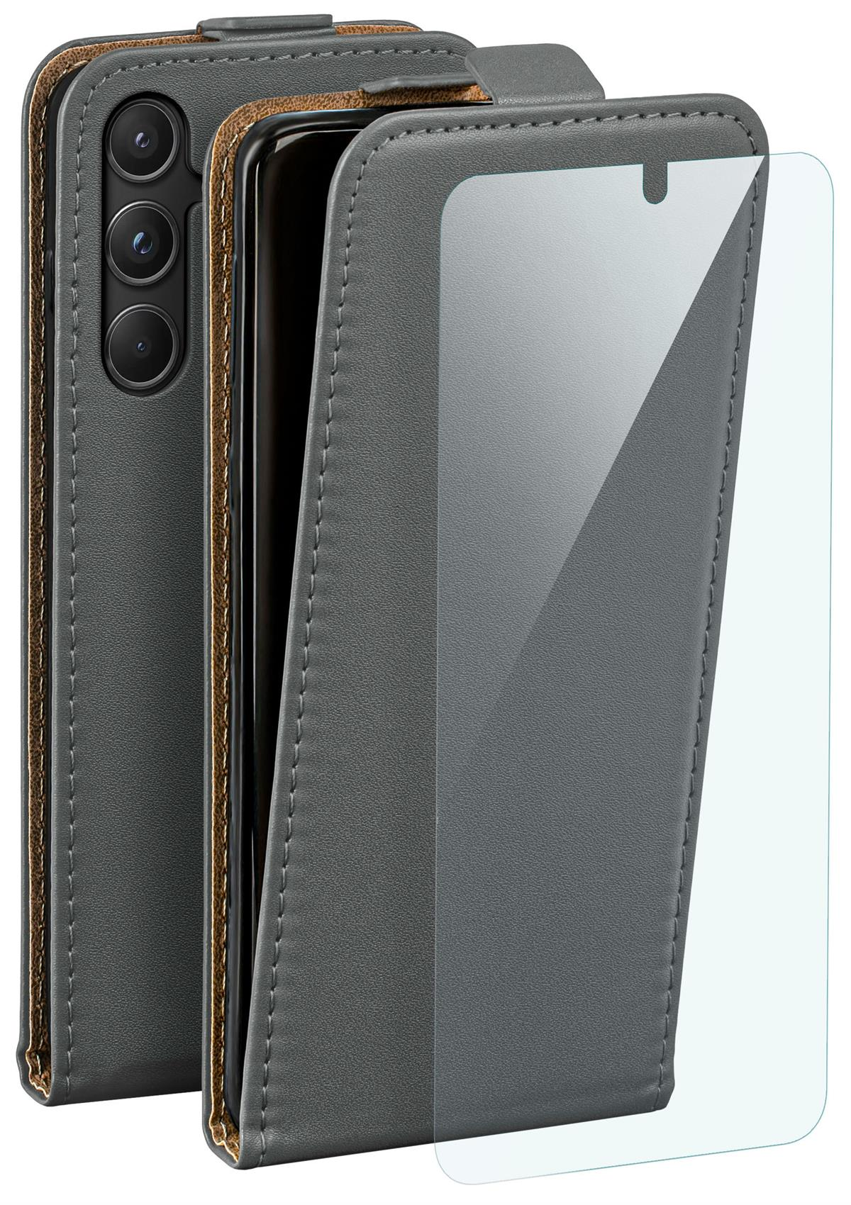 Graue Leder-Handyhülle geöffnet, zeigt Handy und Displayschutzfolie.