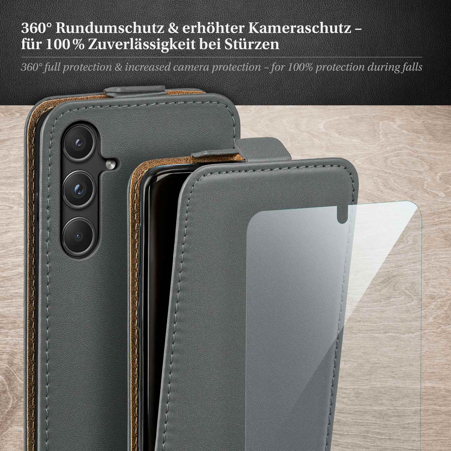 Eine graue Handyhülle und Displayschutzfolie. Die Handyhülle ist geöffnet und zeigt das Telefon.