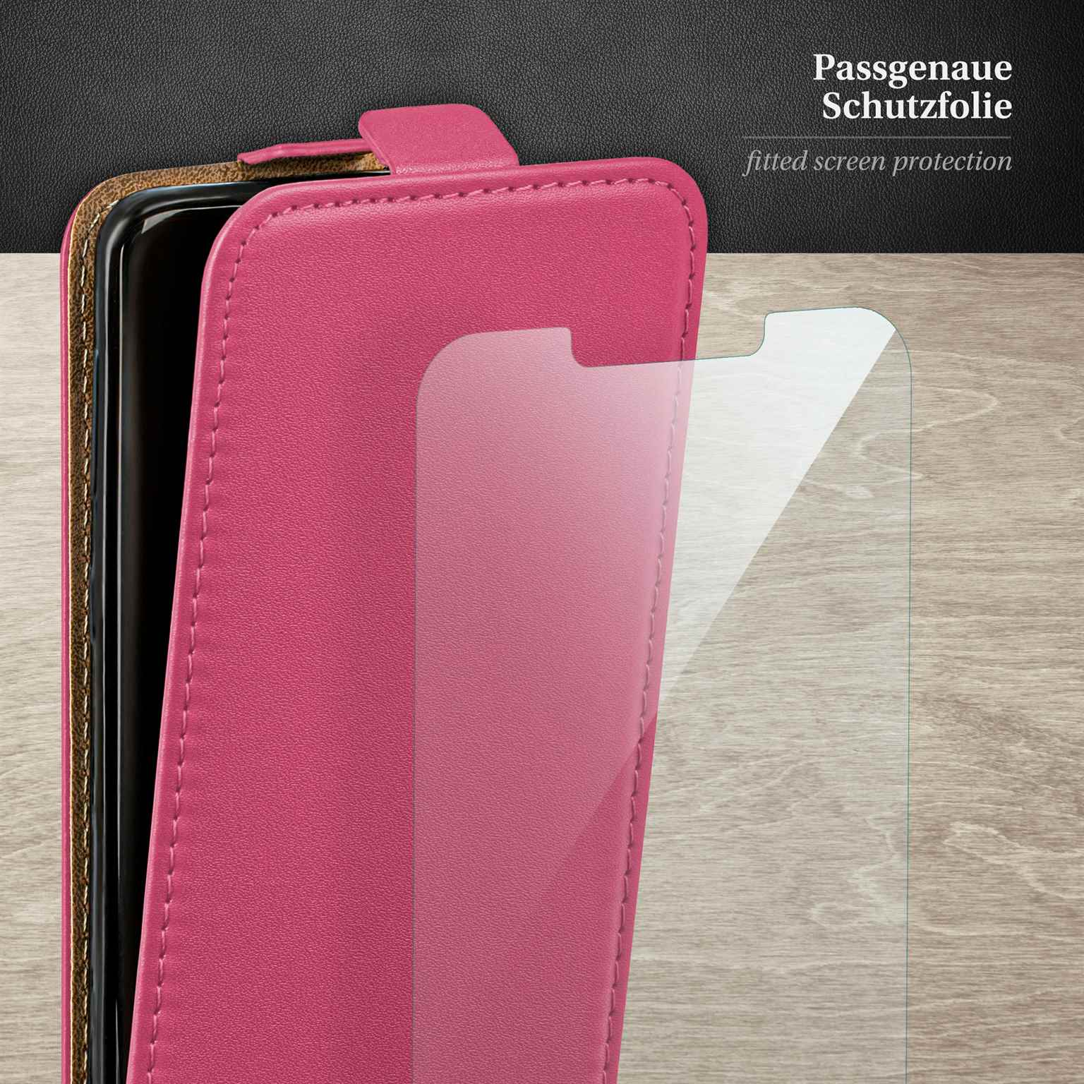 Pinke Handyhülle mit Displayschutz, geöffnet auf Holzoberfläche.