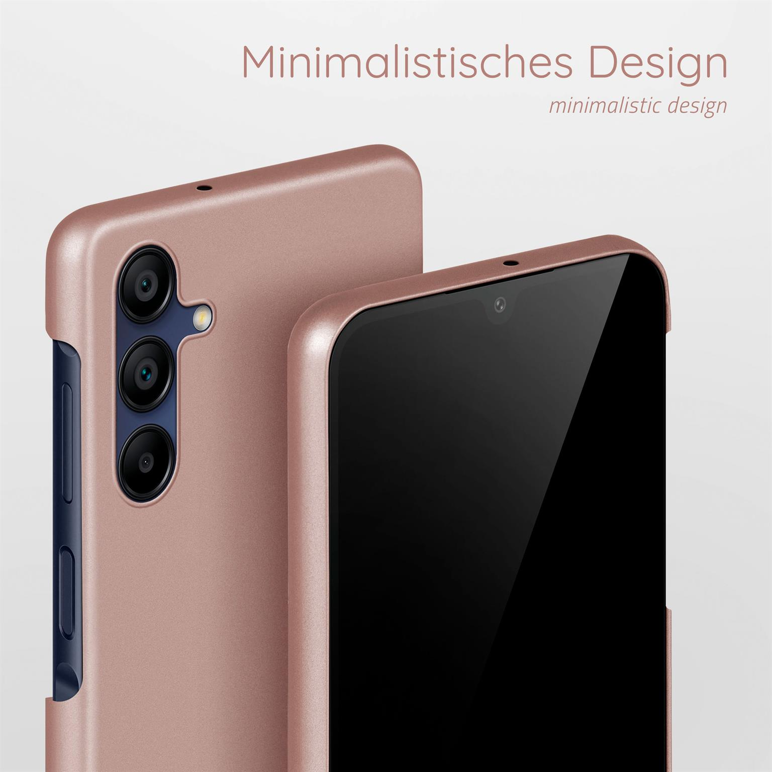 Zwei roségoldene Handyhüllen. Eine liegt, die andere steht und zeigt die Kamera.