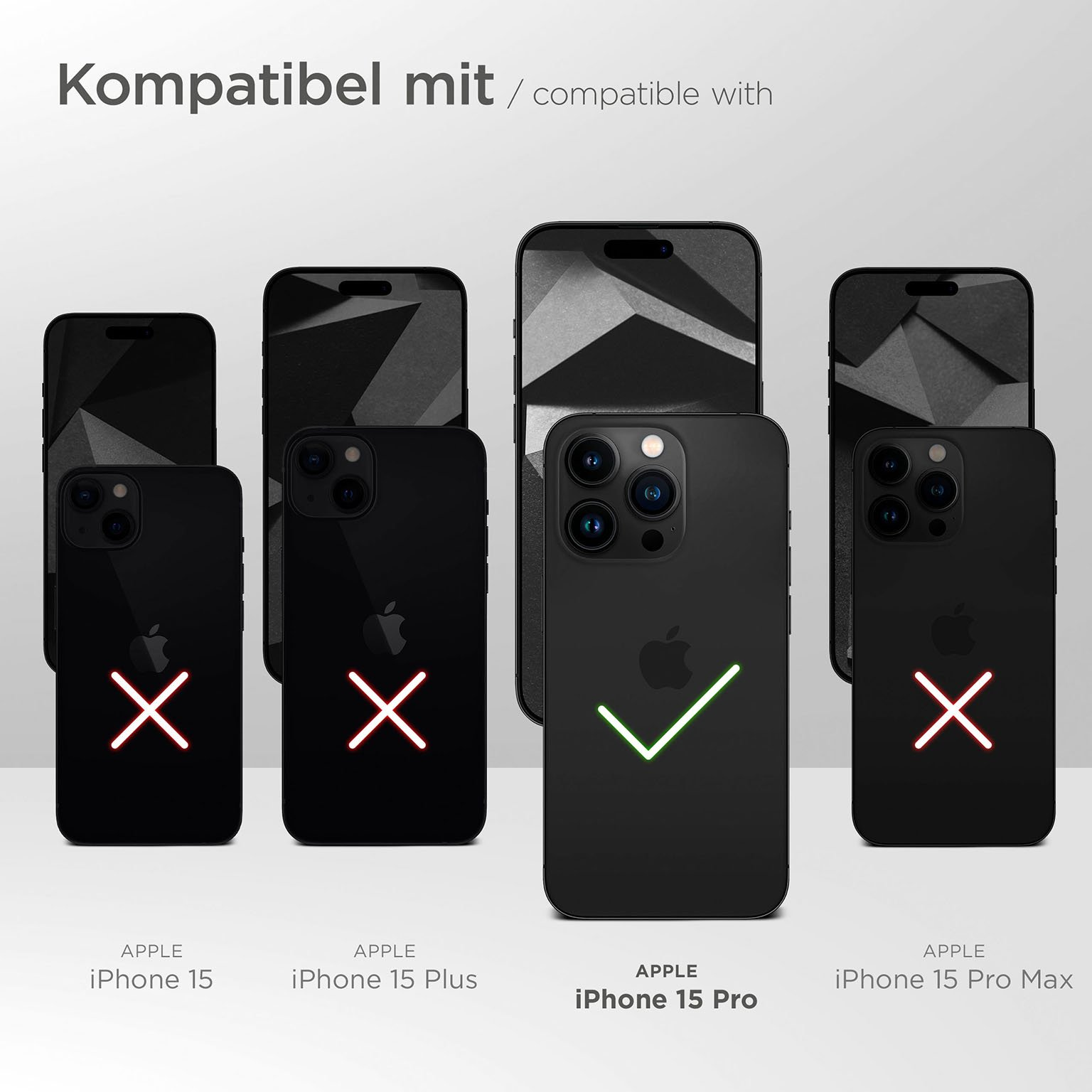 Schwarze Telefonhüllen, nur eine (grünes Häkchen) kompatibel mit dem Telefon.