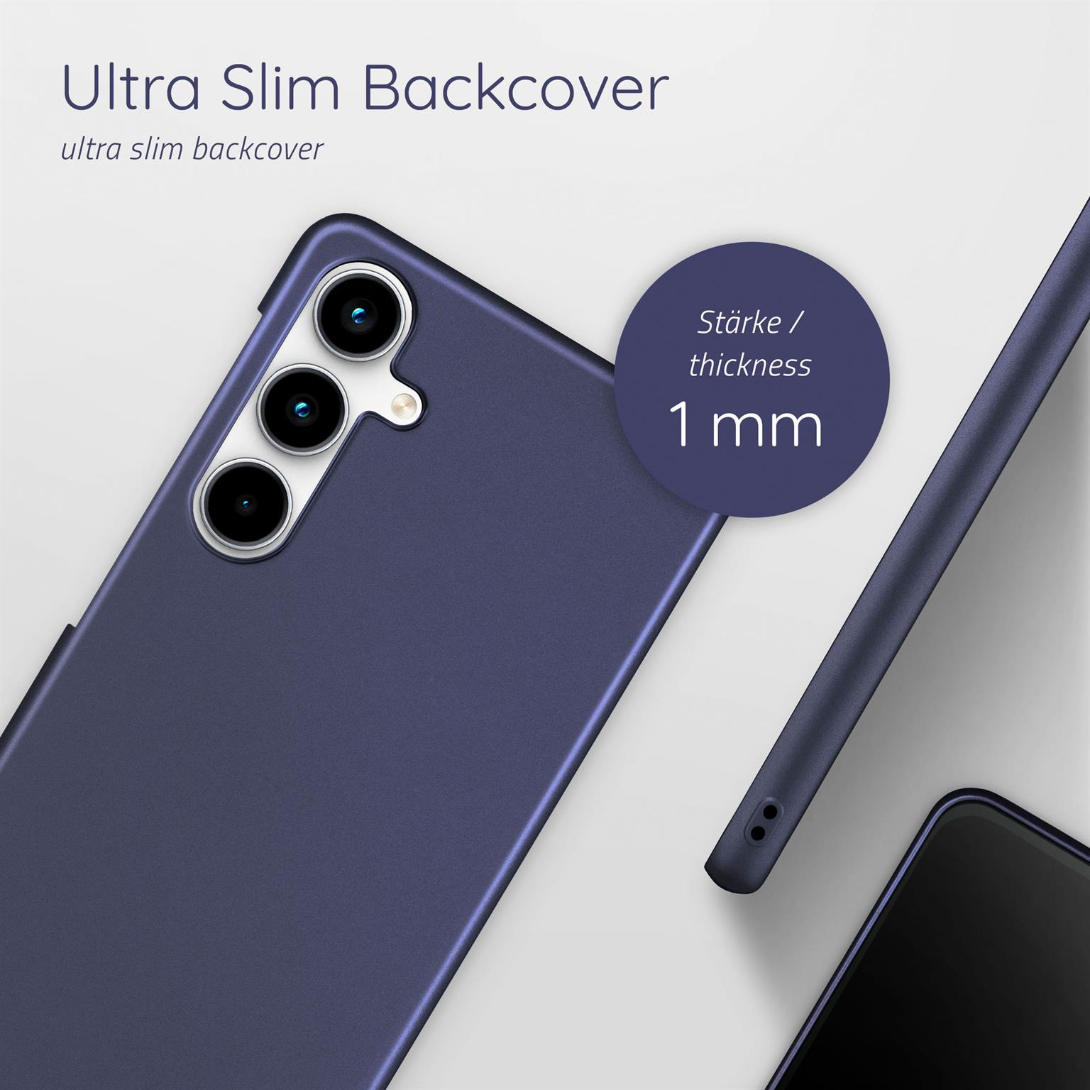 Eine dunkelblaue Handyhülle mit schlankem Design, die Rückseite des Telefons zeigend.