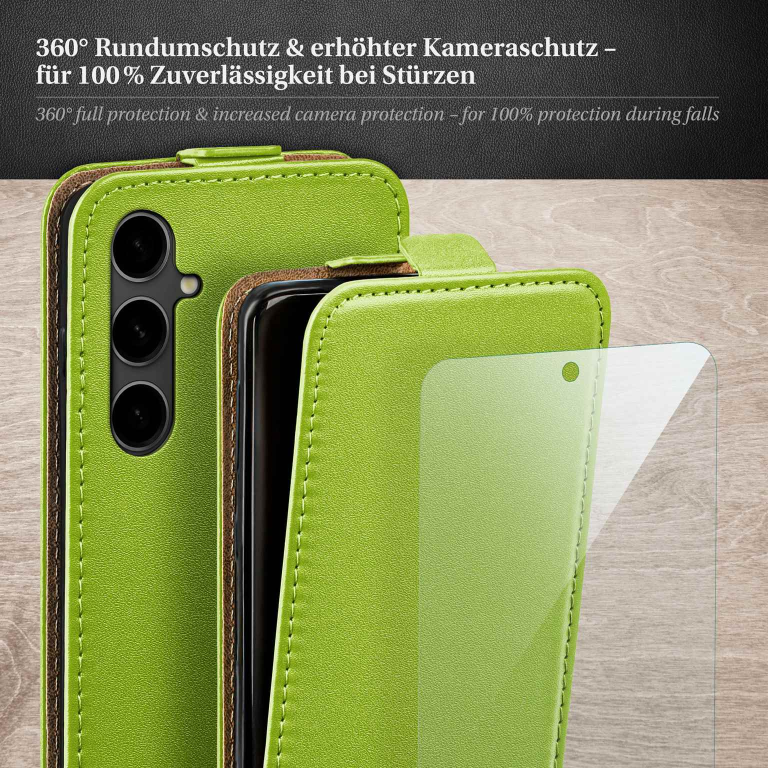 Eine grüne Handyhülle und Displayschutzfolie. Die Handyhülle ist geöffnet und zeigt das Telefon.
