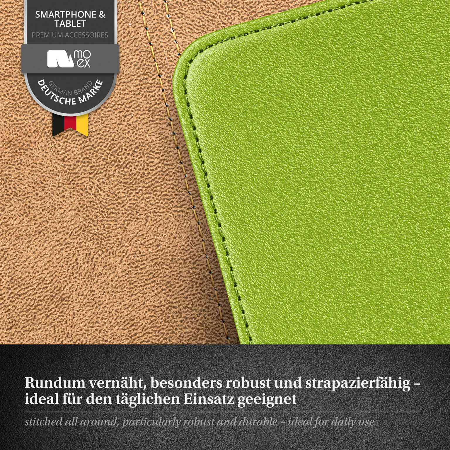 Nahaufnahme einer grünen Handyhülle auf strukturiertem Hintergrund mit deutschem Markenemblem.