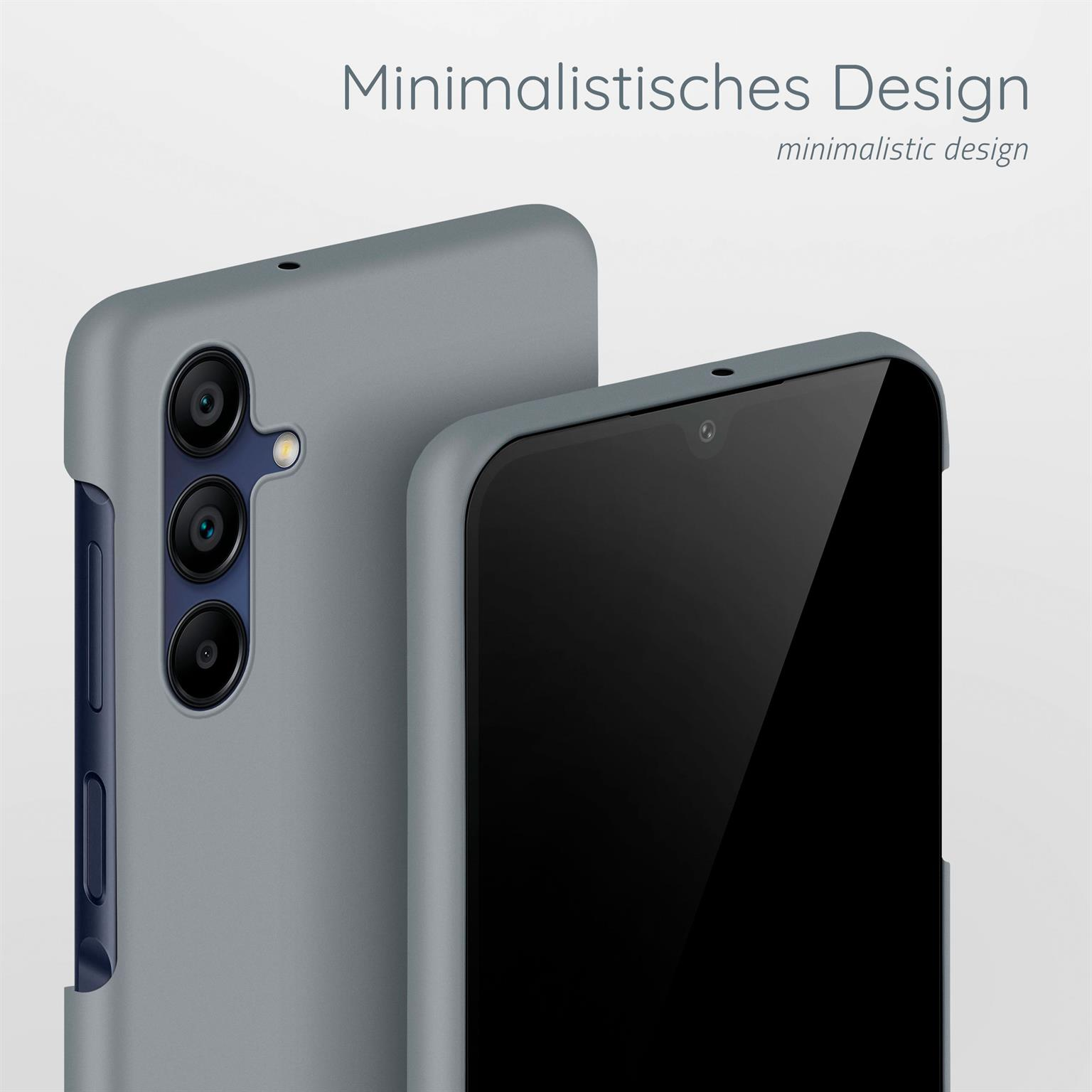 Zwei graue Handyhüllen, eine mit einem Telefon darin, vor weißem Hintergrund.