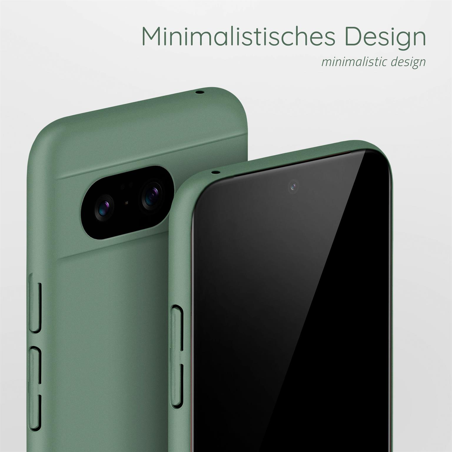 Zwei grüne Handyhüllen, eine zeigt die Rückseite, die andere die Vorderseite, vor weißem Hintergrund.