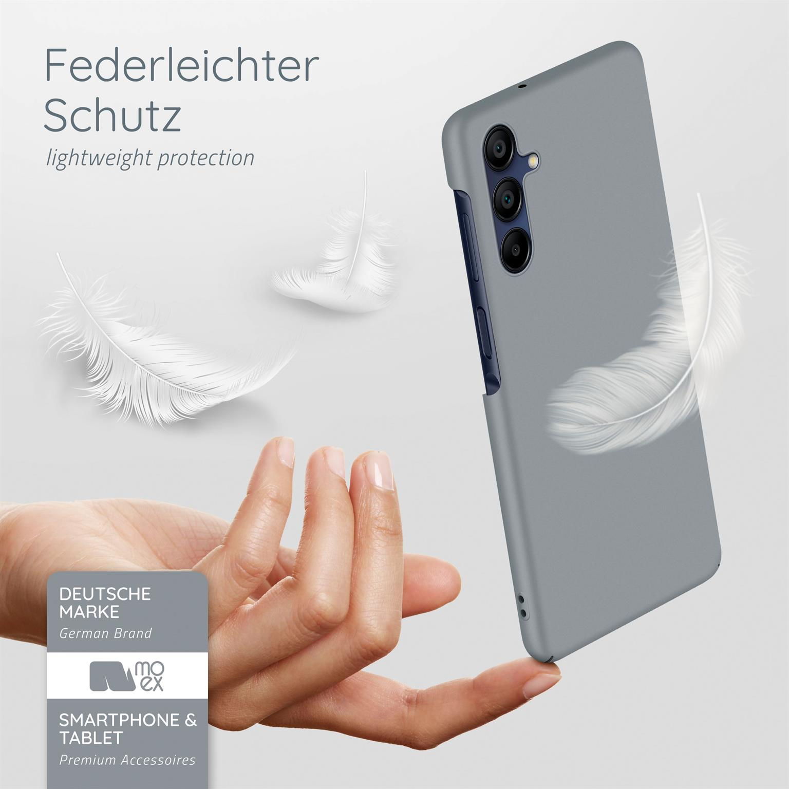 Eine Hand hält ein graues Telefon mit schwebenden Federn. Der Text lautet: leichter Schutz.