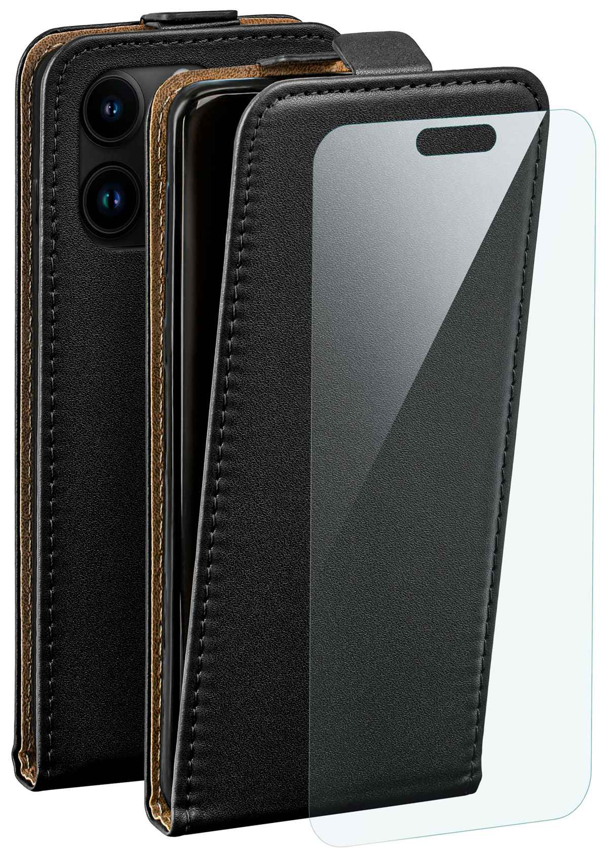 Schwarzes Telefon mit Hülle, offen, um den Bildschirm freizugeben. Eine Displayschutzfolie ist sichtbar. Brauner Besatz.