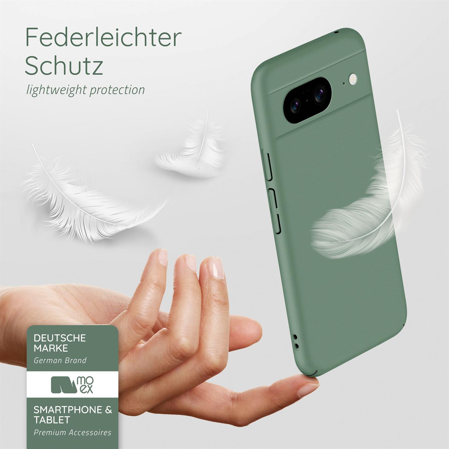 Eine grüne Handyhülle mit Federn. Text: 'leichter Schutz', 'Deutsche Marke'.